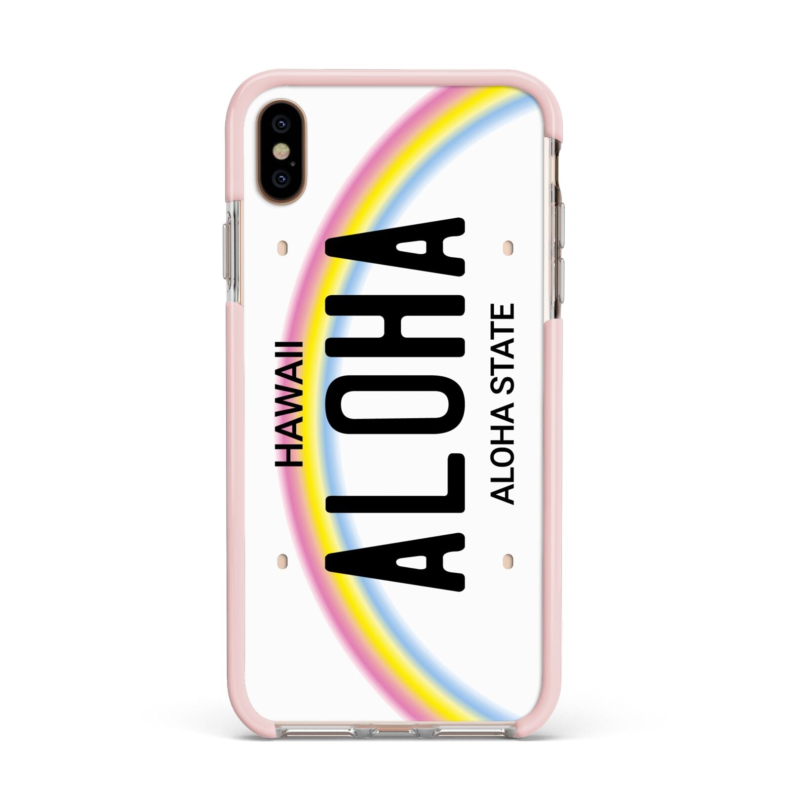 Custom Hawaii License Plate Apple iPhone Xs Max Impact Case Pink Edge on Gold Phone