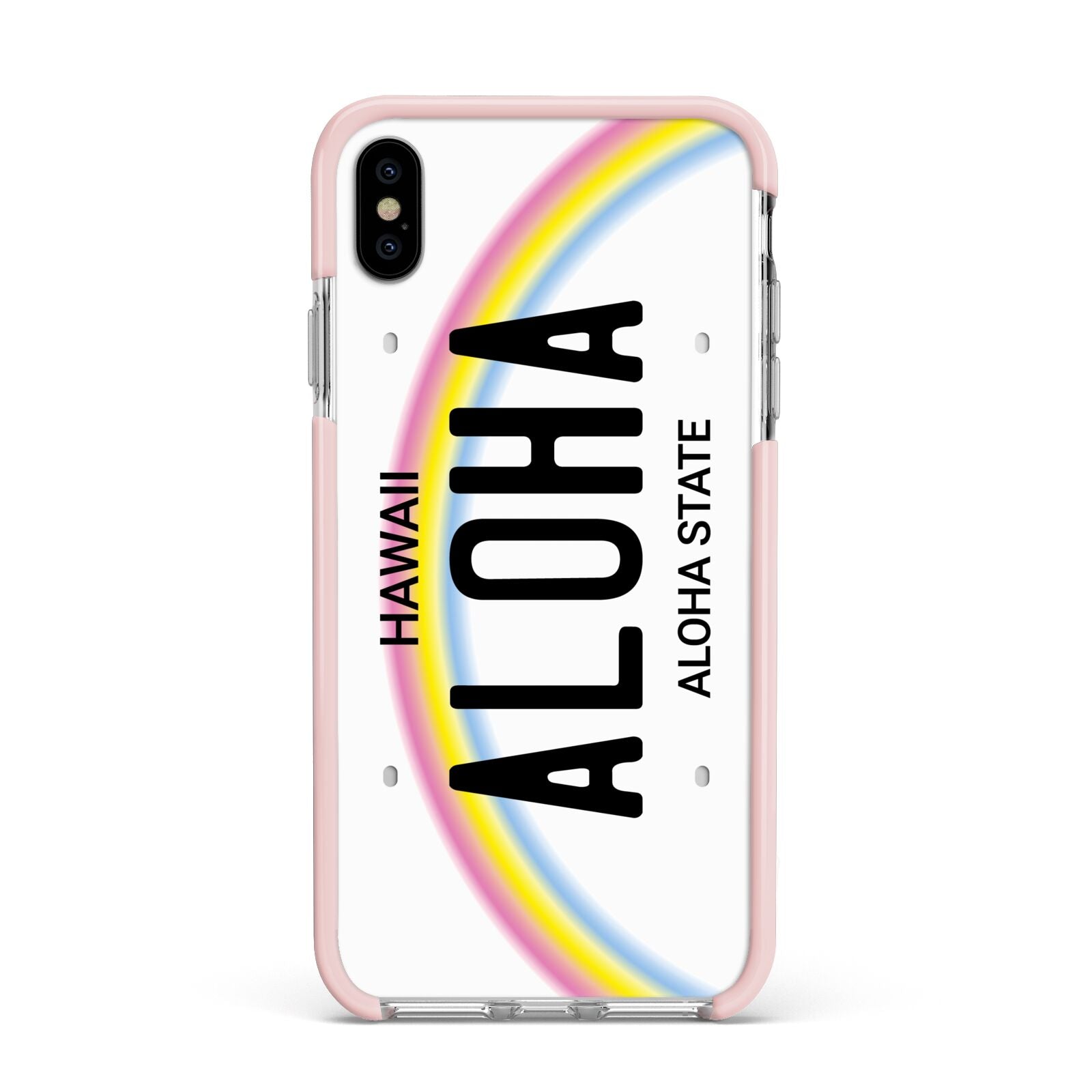 Custom Hawaii License Plate Apple iPhone Xs Max Impact Case Pink Edge on Silver Phone