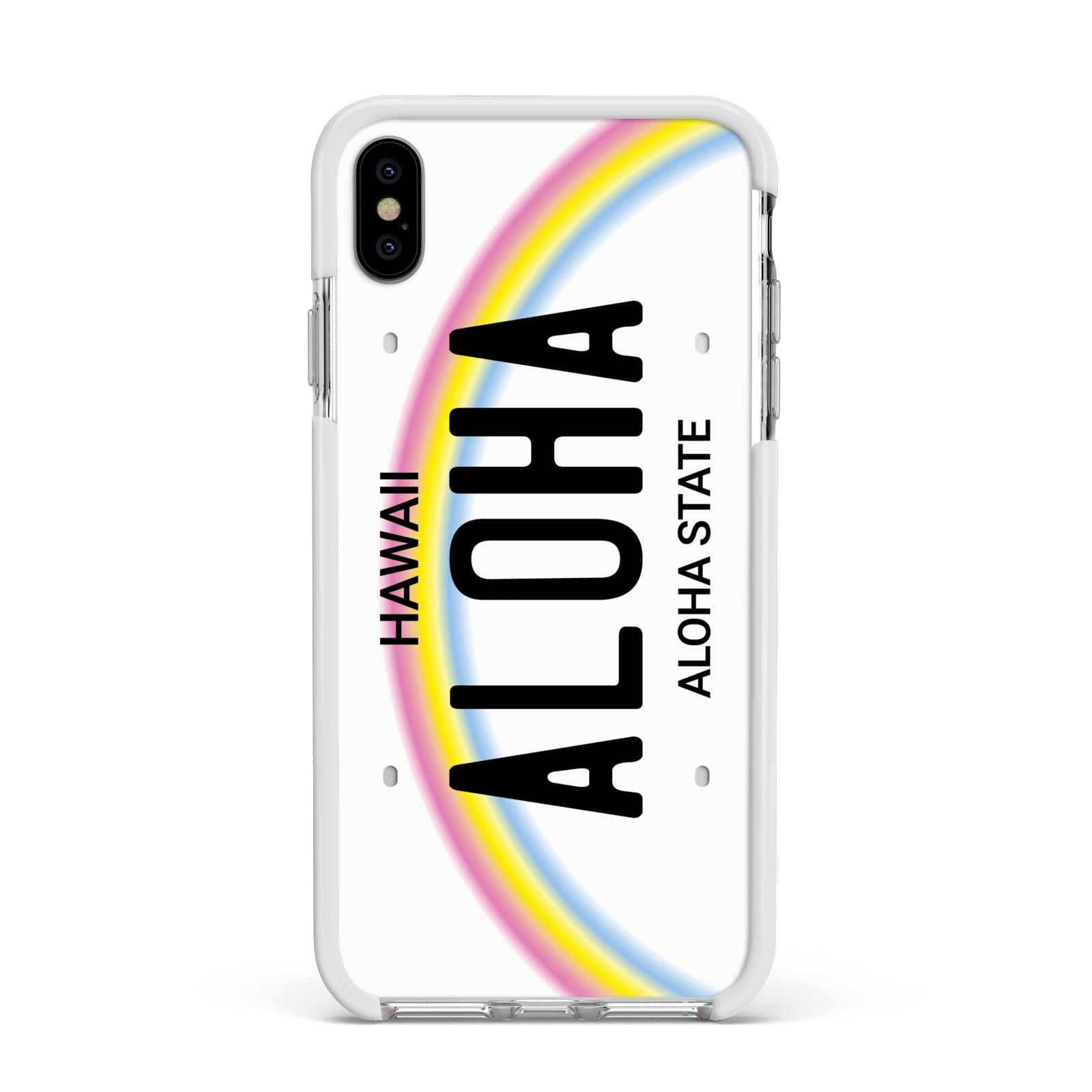 Custom Hawaii License Plate Apple iPhone Xs Max Impact Case White Edge on Silver Phone