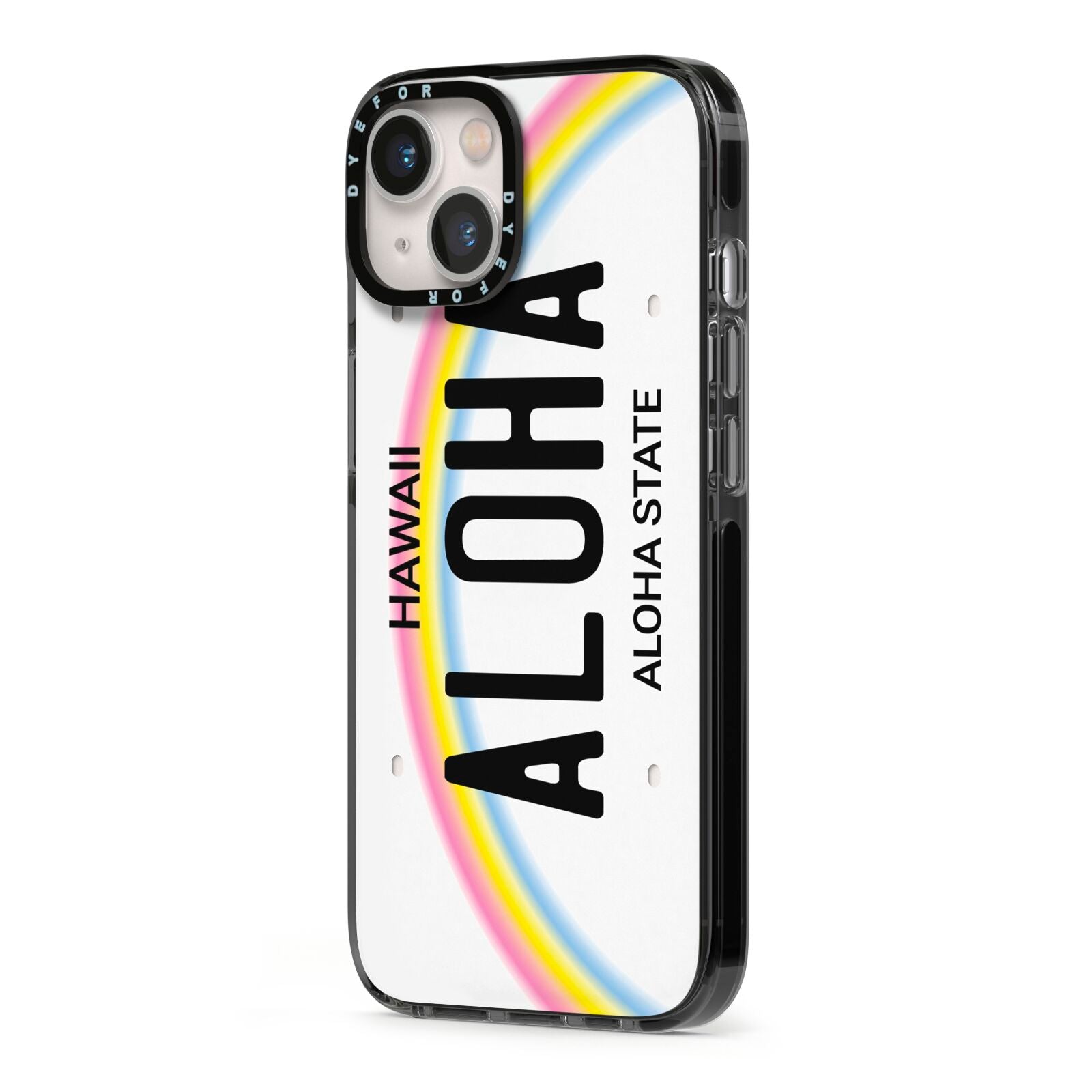 Custom Hawaii License Plate iPhone 13 Black Impact Case Side Angle on Silver phone