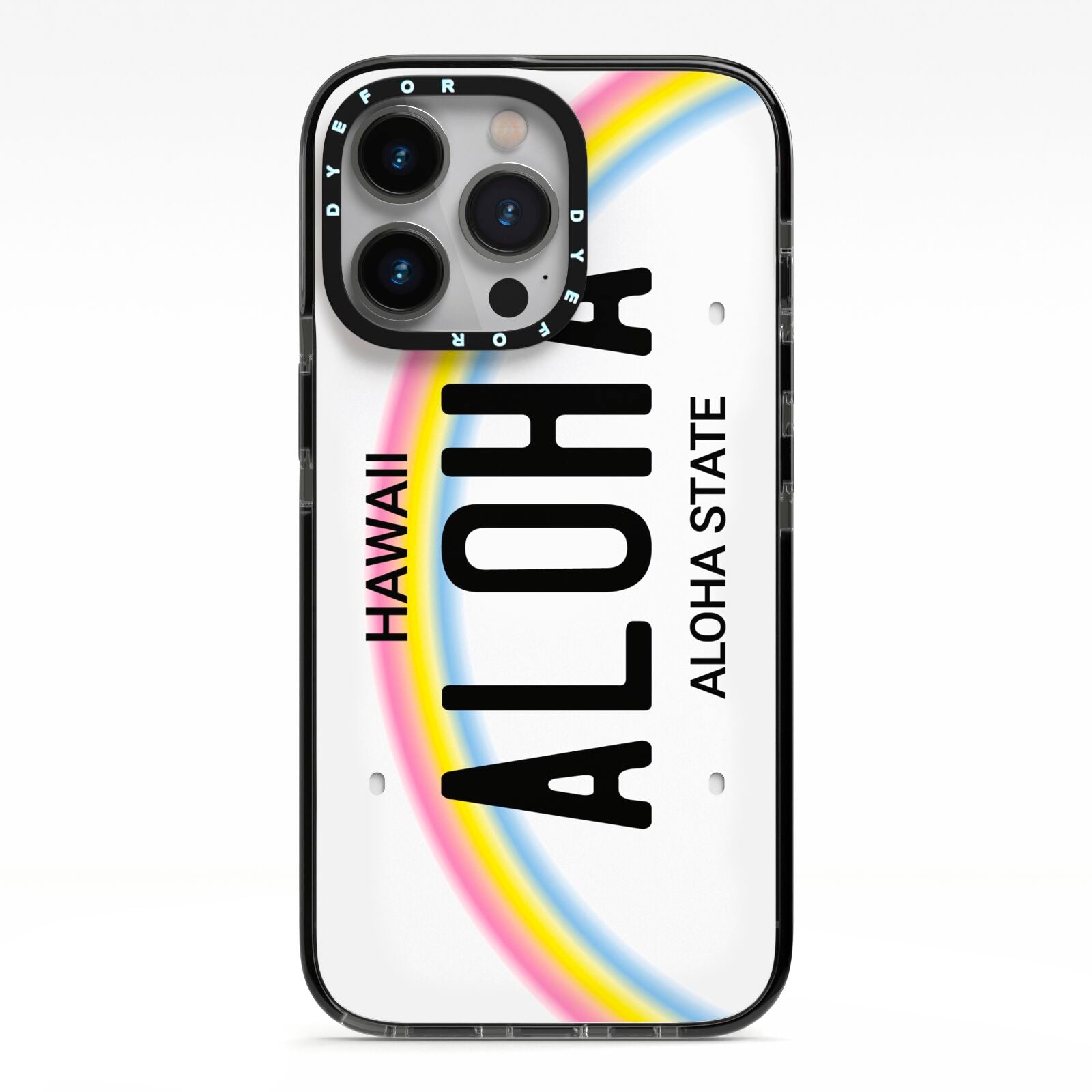 Custom Hawaii License Plate iPhone 13 Pro Black Impact Case on Silver phone