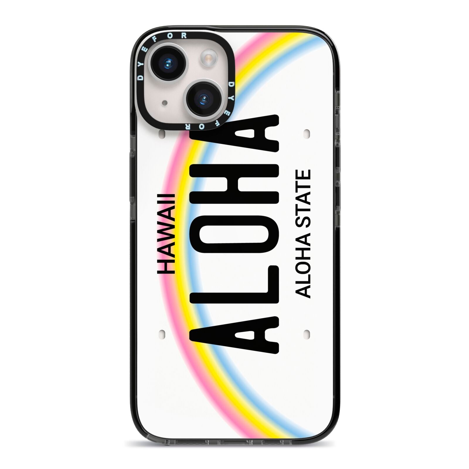 Custom Hawaii License Plate iPhone 14 Black Impact Case on Silver phone