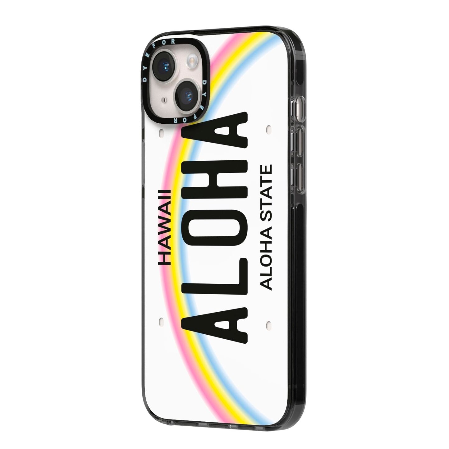 Custom Hawaii License Plate iPhone 14 Plus Black Impact Case Side Angle on Silver phone