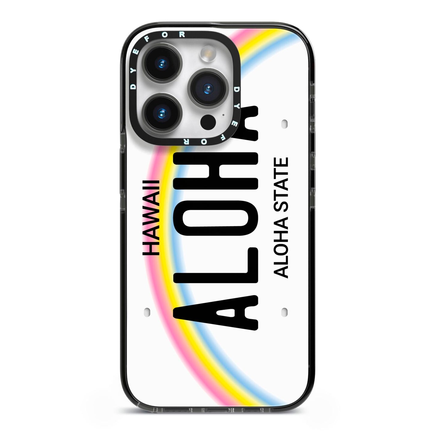 Custom Hawaii License Plate iPhone 14 Pro Black Impact Case on Silver phone