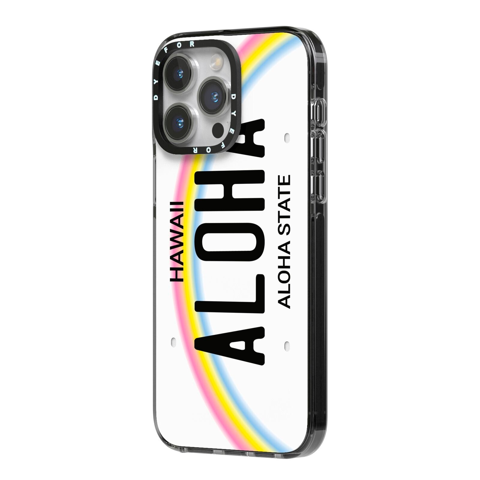 Custom Hawaii License Plate iPhone 14 Pro Max Black Impact Case Side Angle on Silver phone