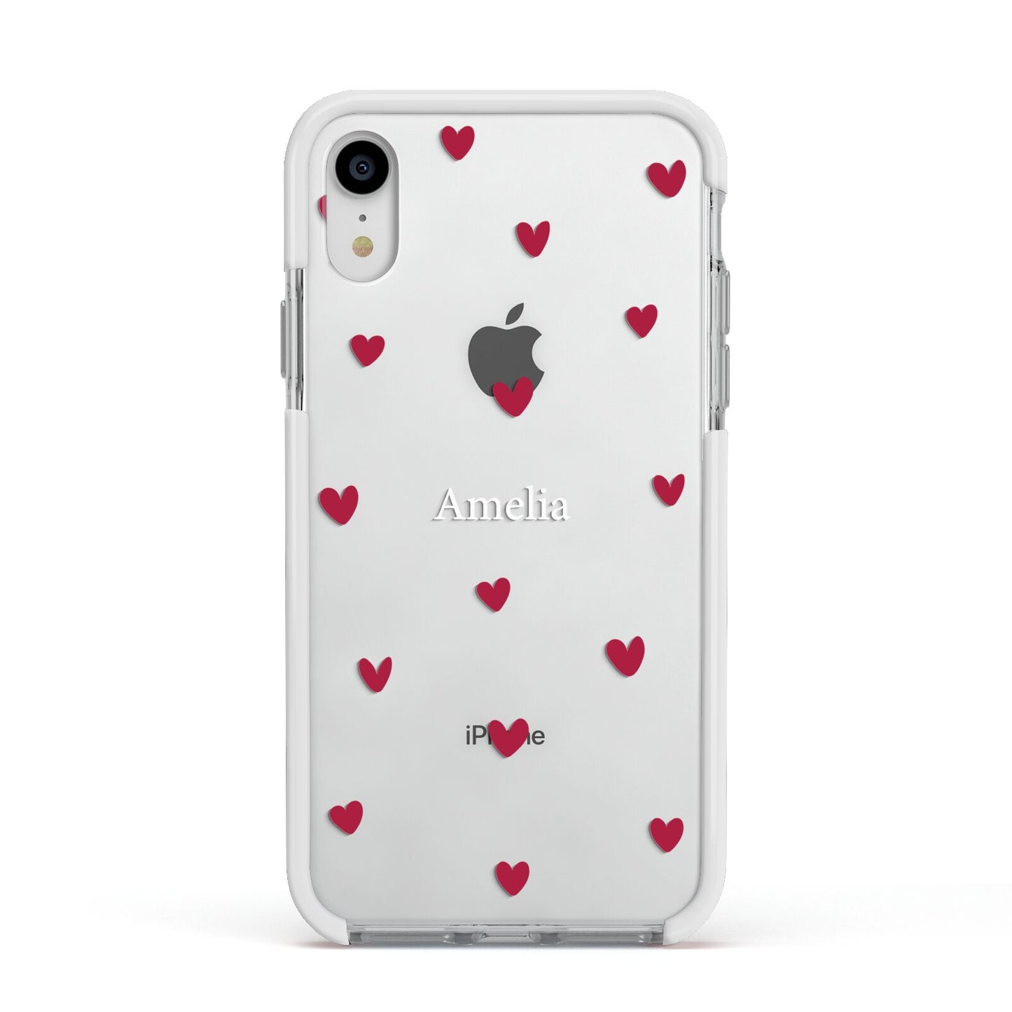 Custom Hearts Name Apple iPhone XR Impact Case White Edge on Silver Phone