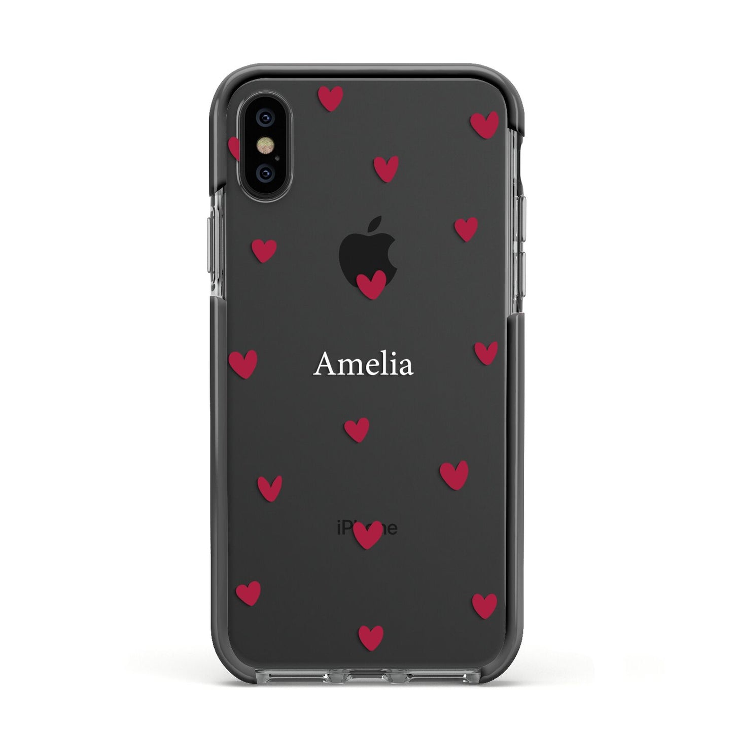 Custom Hearts Name Apple iPhone Xs Impact Case Black Edge on Black Phone