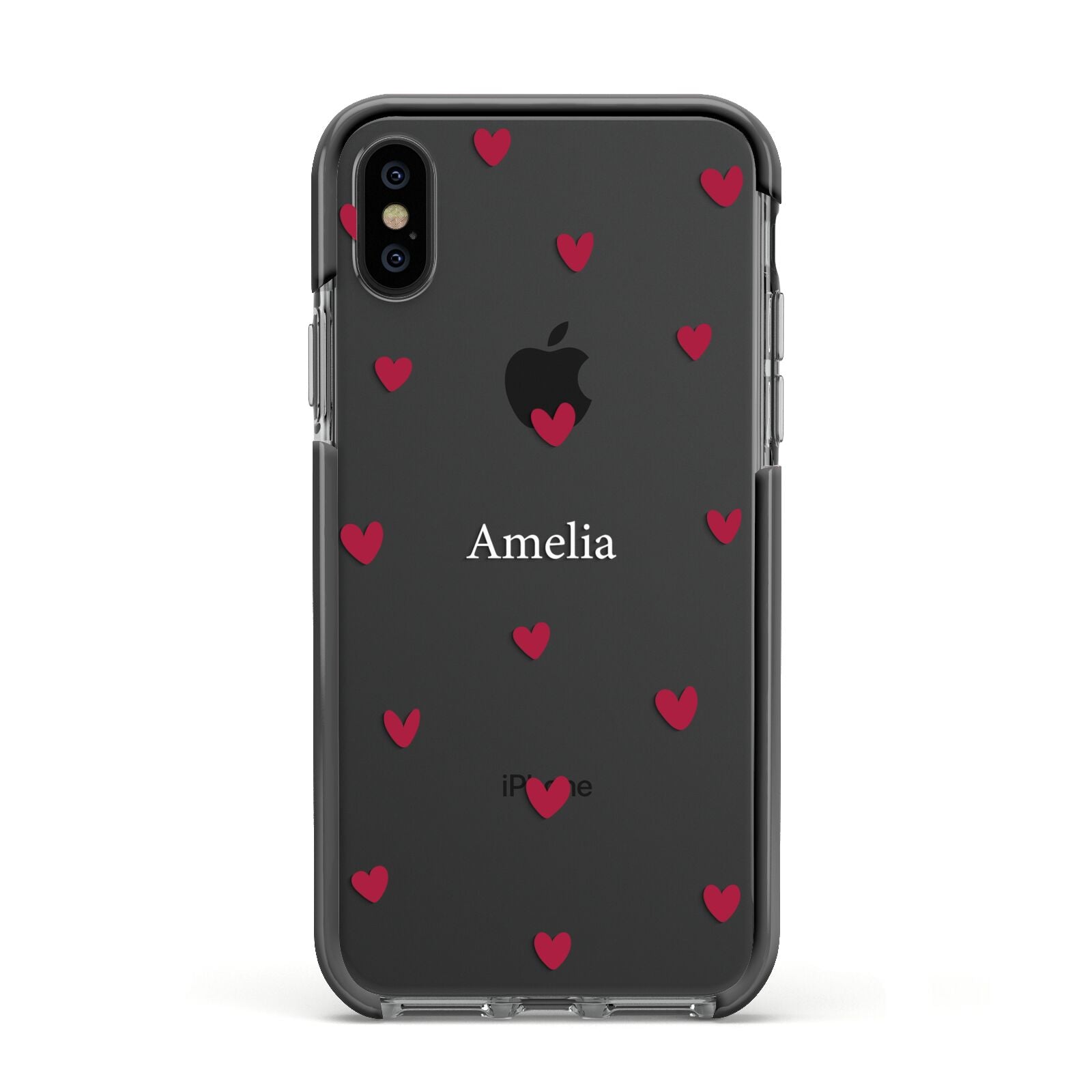 Custom Hearts Name Apple iPhone Xs Impact Case Black Edge on Black Phone