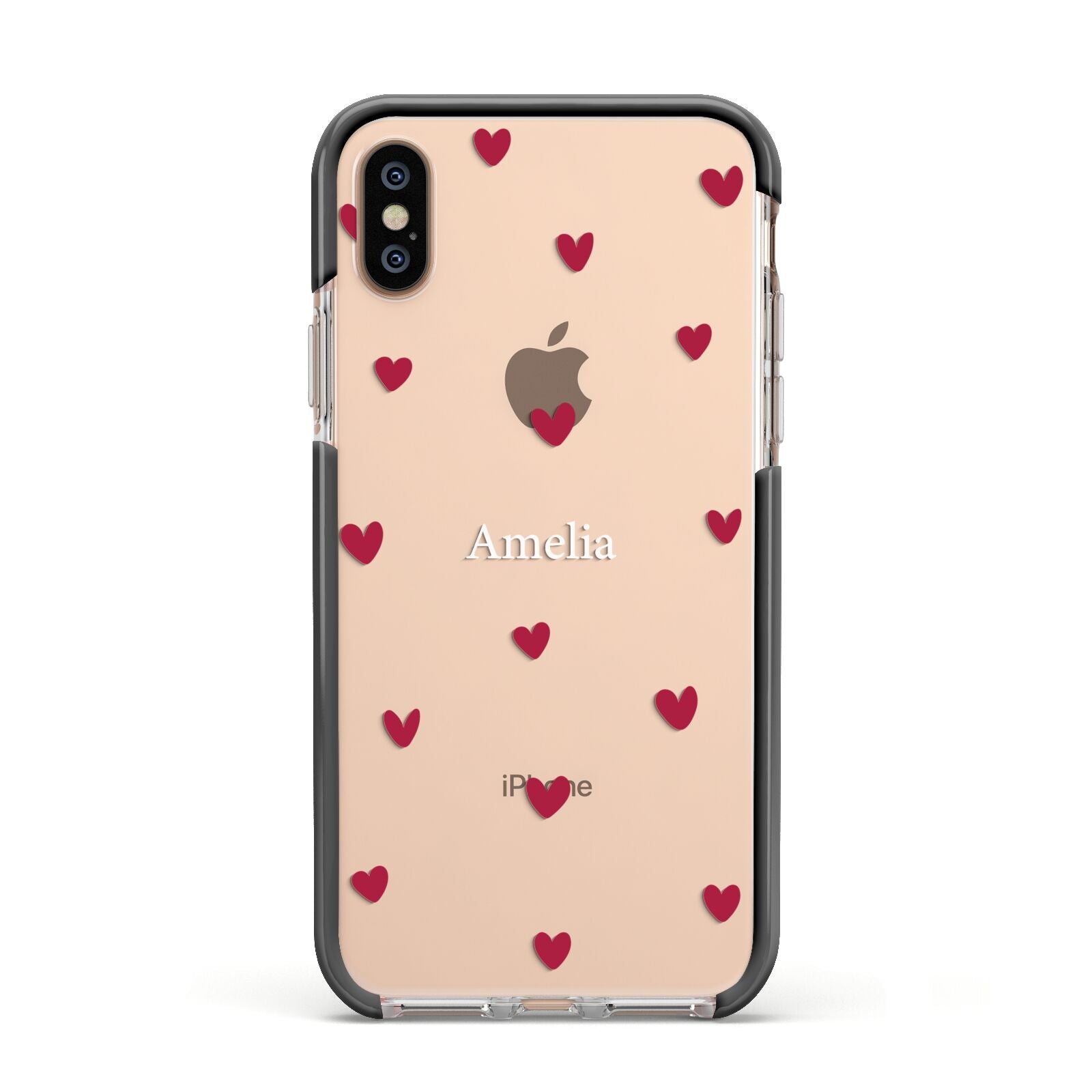 Custom Hearts Name Apple iPhone Xs Impact Case Black Edge on Gold Phone