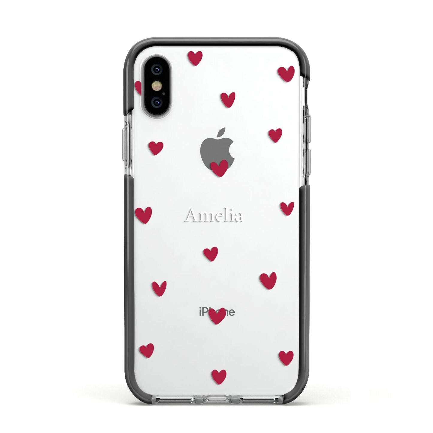 Custom Hearts Name Apple iPhone Xs Impact Case Black Edge on Silver Phone