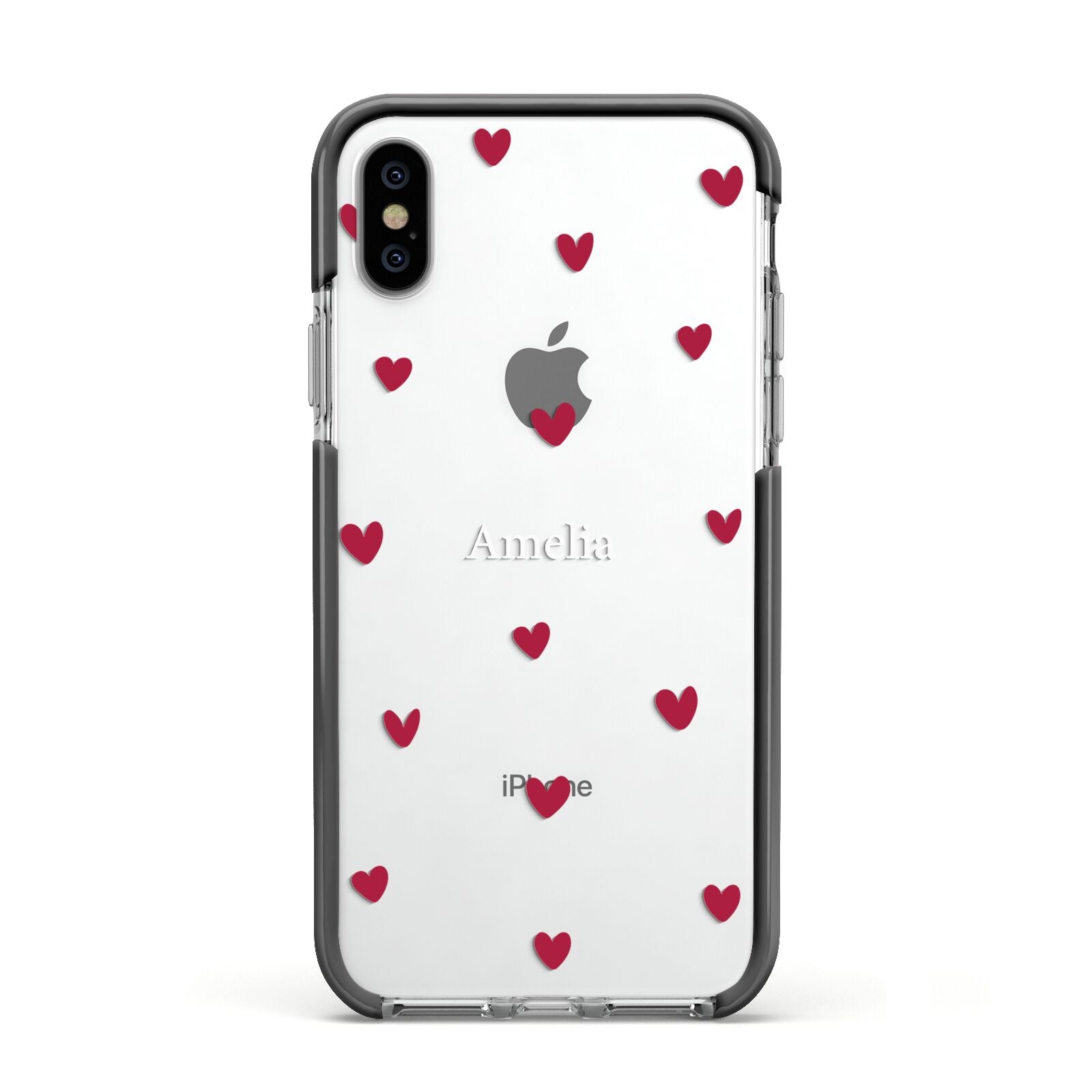 Custom Hearts Name Apple iPhone Xs Impact Case Black Edge on Silver Phone