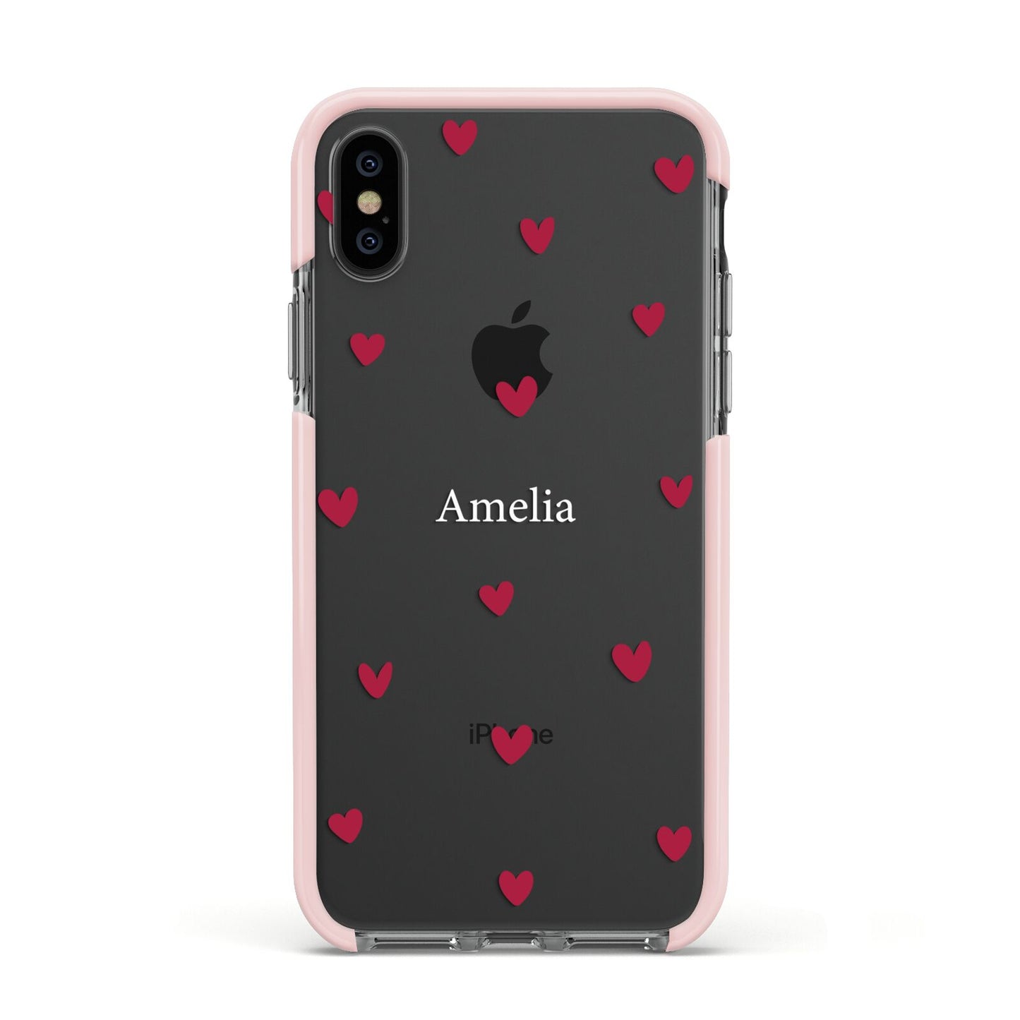 Custom Hearts Name Apple iPhone Xs Impact Case Pink Edge on Black Phone