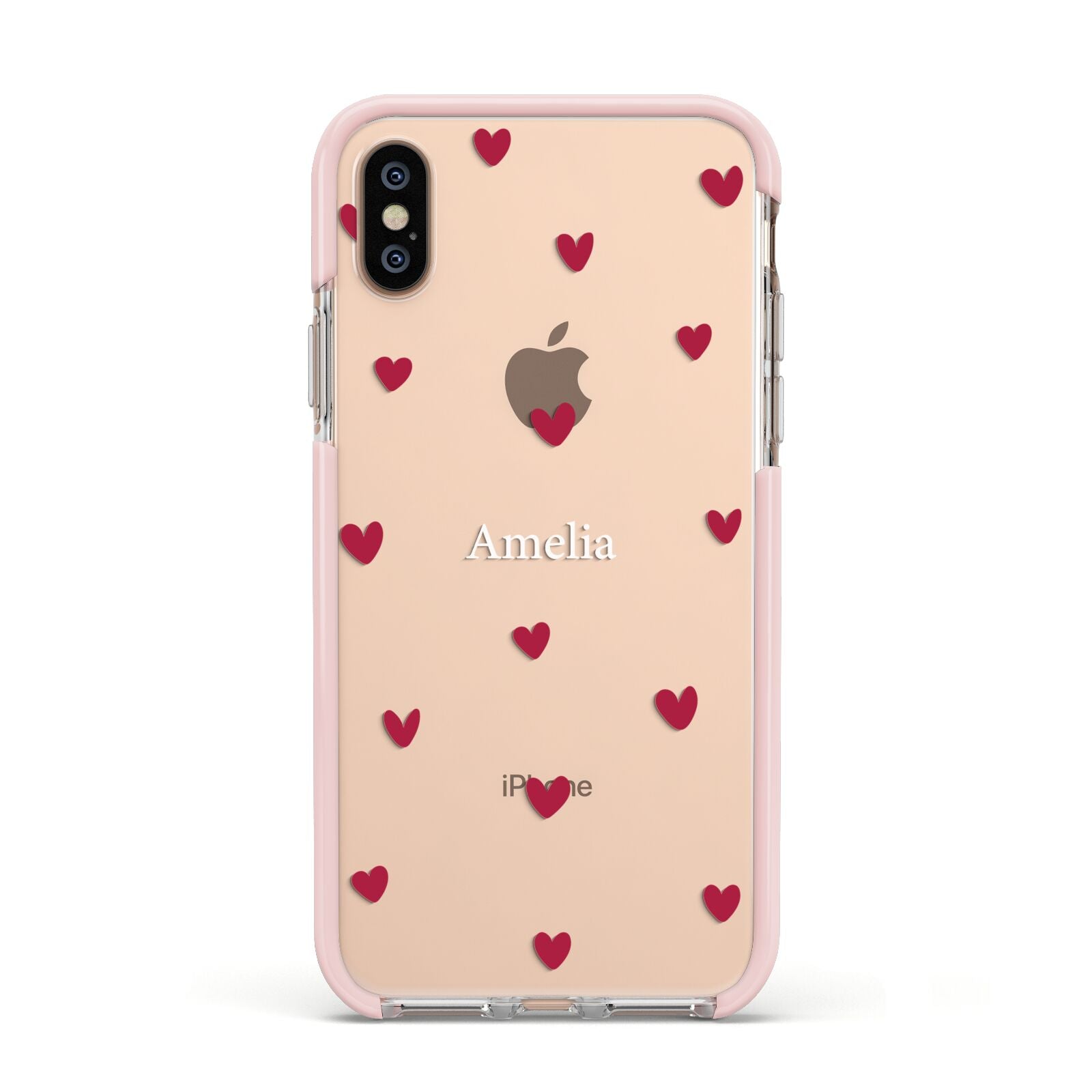 Custom Hearts Name Apple iPhone Xs Impact Case Pink Edge on Gold Phone