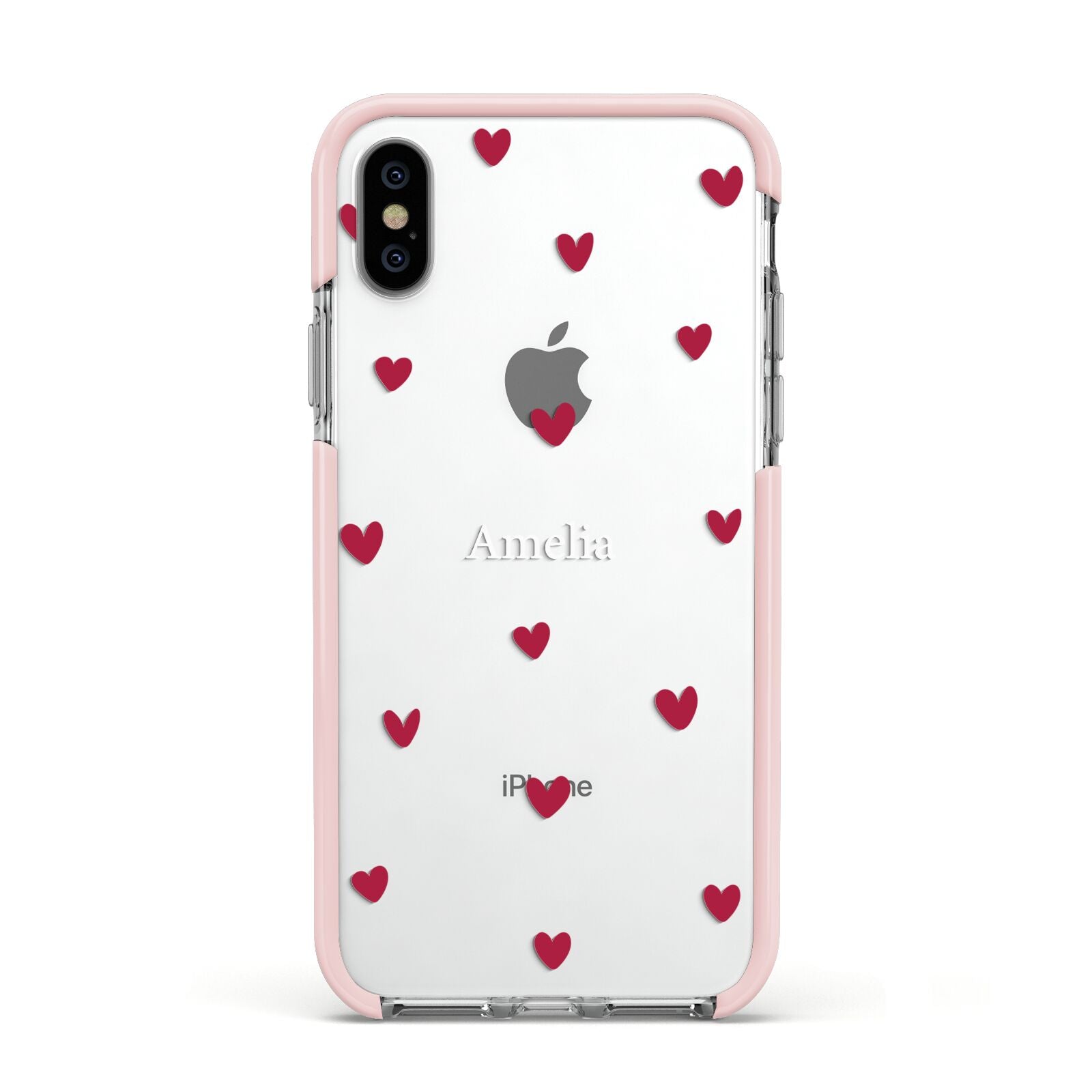 Custom Hearts Name Apple iPhone Xs Impact Case Pink Edge on Silver Phone