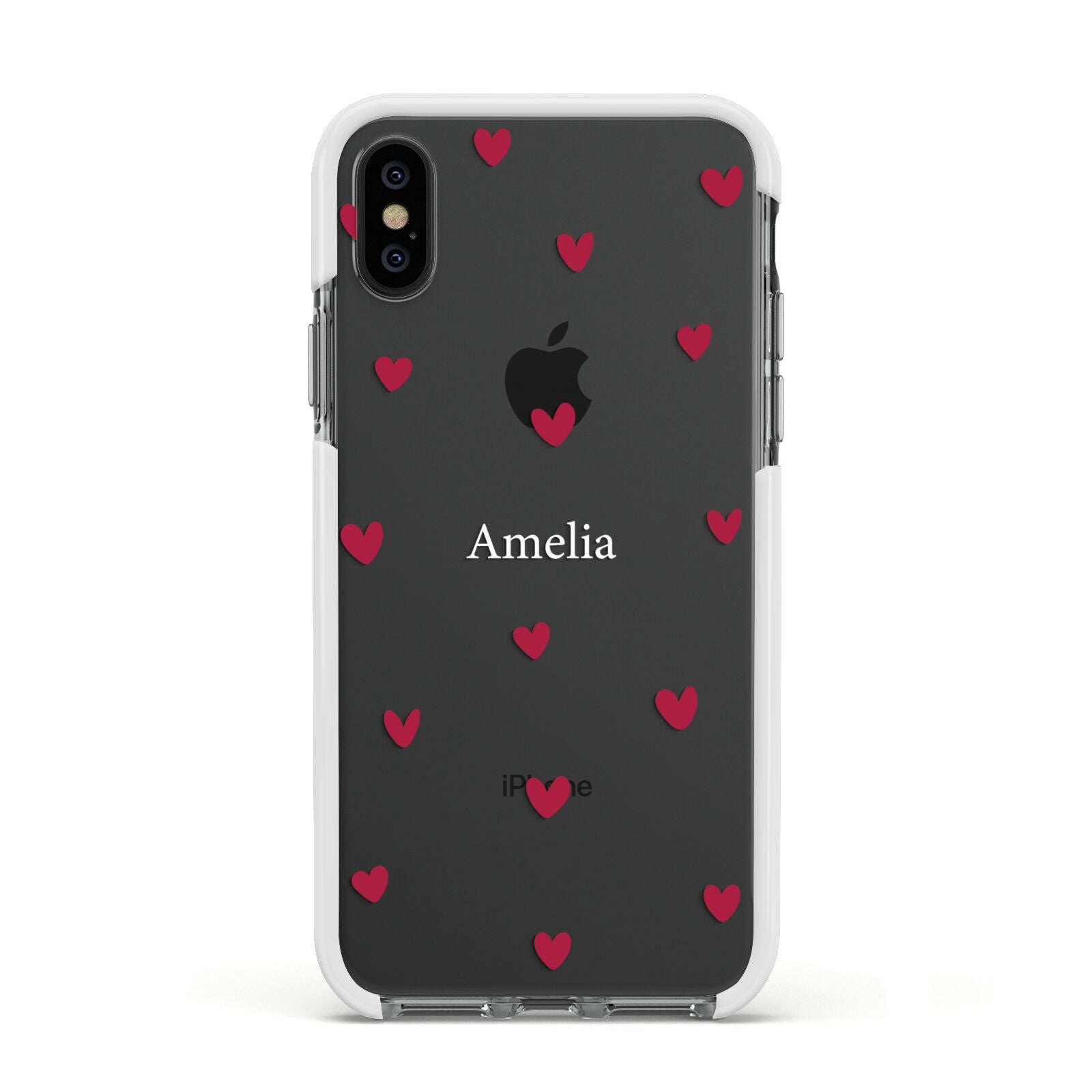 Custom Hearts Name Apple iPhone Xs Impact Case White Edge on Black Phone