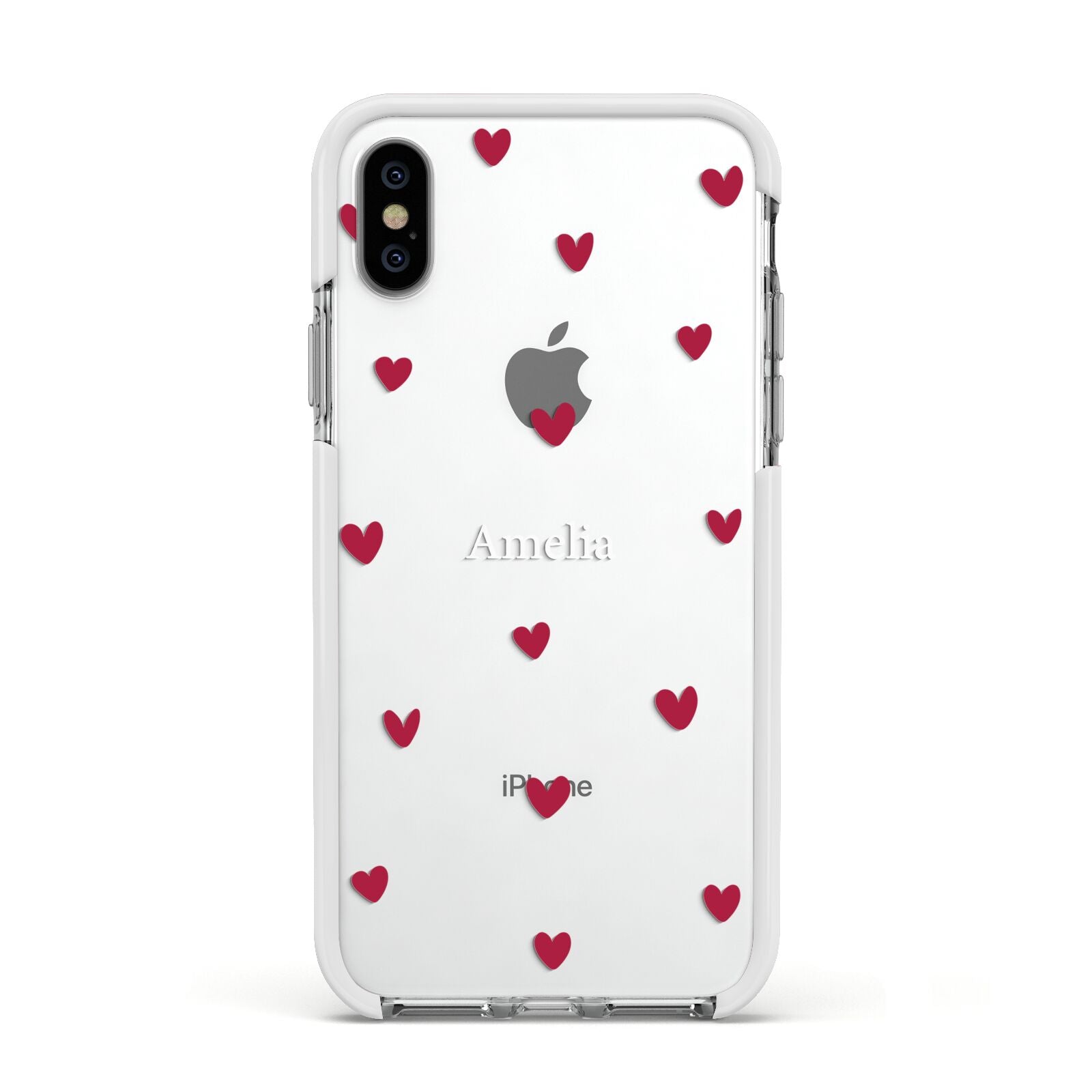 Custom Hearts Name Apple iPhone Xs Impact Case White Edge on Silver Phone