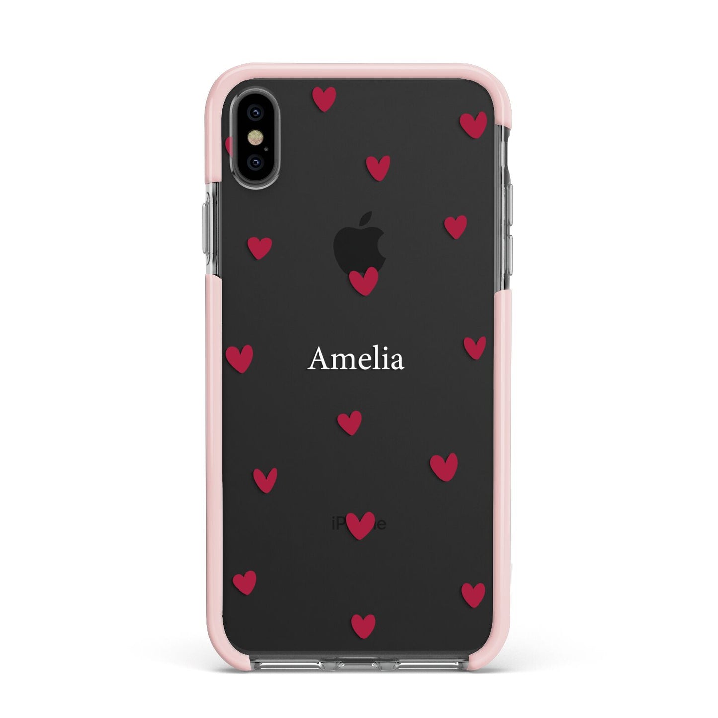 Custom Hearts Name Apple iPhone Xs Max Impact Case Pink Edge on Black Phone