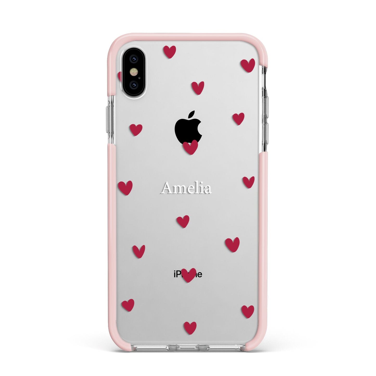 Custom Hearts Name Apple iPhone Xs Max Impact Case Pink Edge on Silver Phone