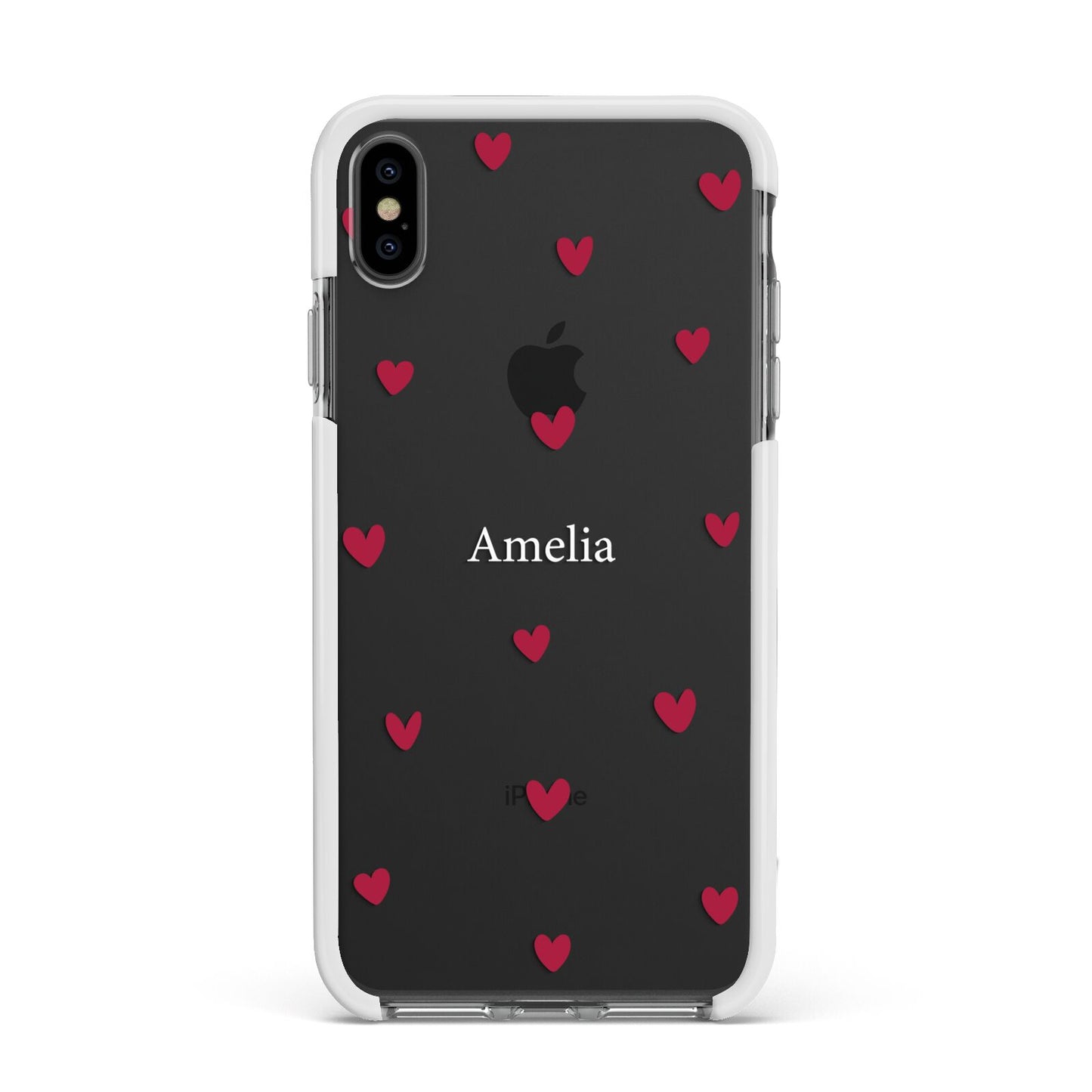 Custom Hearts Name Apple iPhone Xs Max Impact Case White Edge on Black Phone