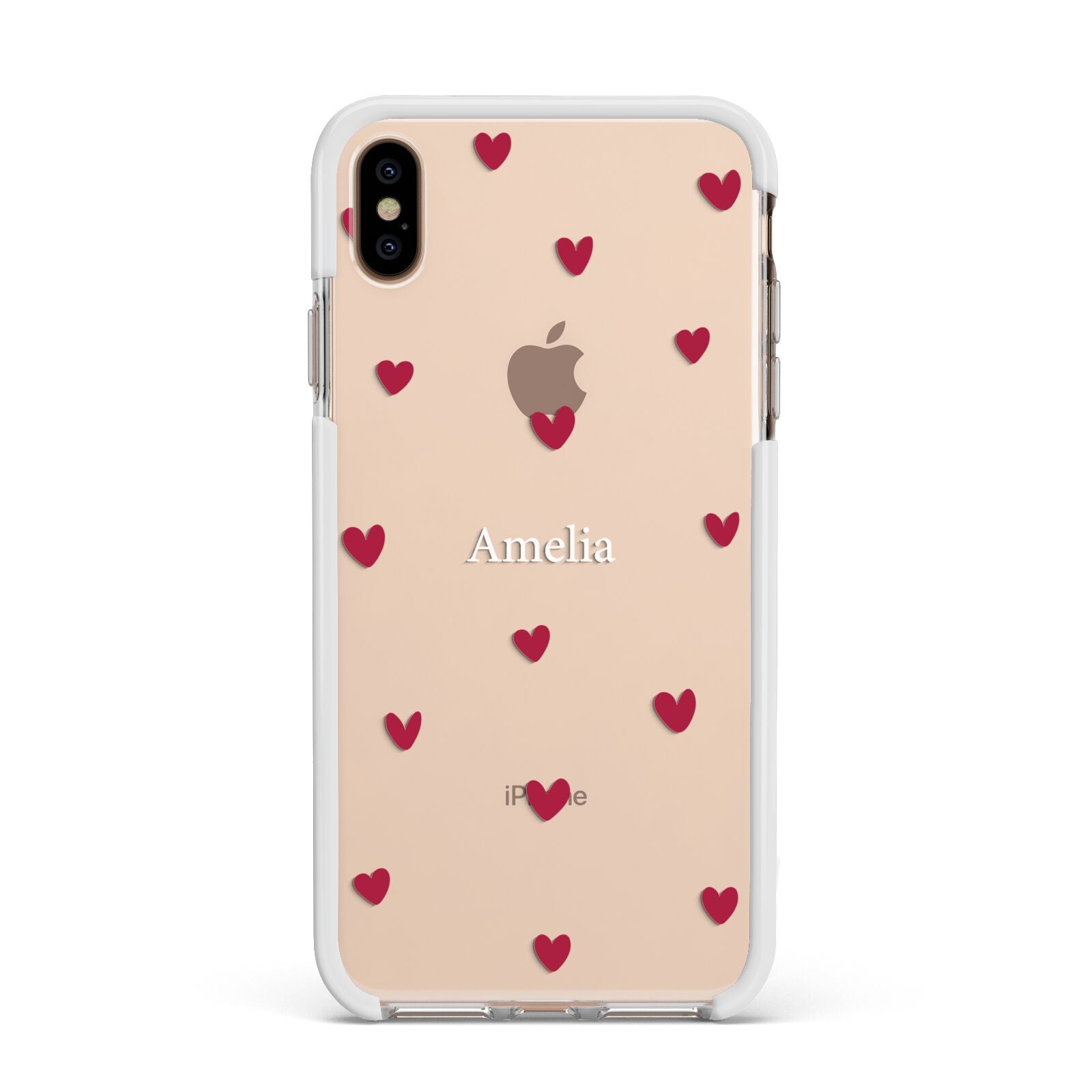 Custom Hearts Name Apple iPhone Xs Max Impact Case White Edge on Gold Phone