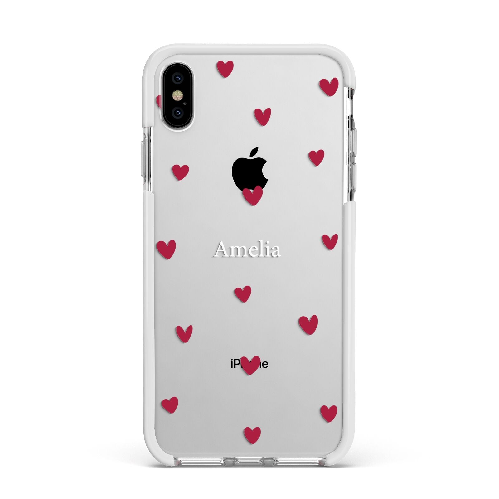 Custom Hearts Name Apple iPhone Xs Max Impact Case White Edge on Silver Phone