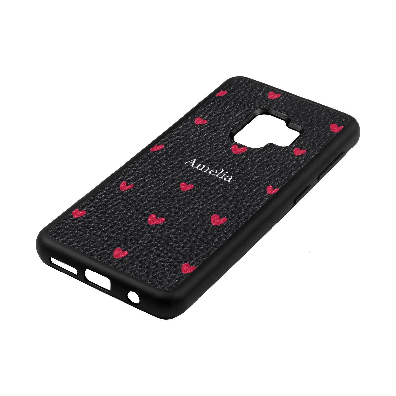 Custom Hearts Name Black Pebble Leather Samsung S9 Case Side Angle