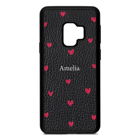 Custom Hearts Name Black Pebble Leather Samsung S9 Case