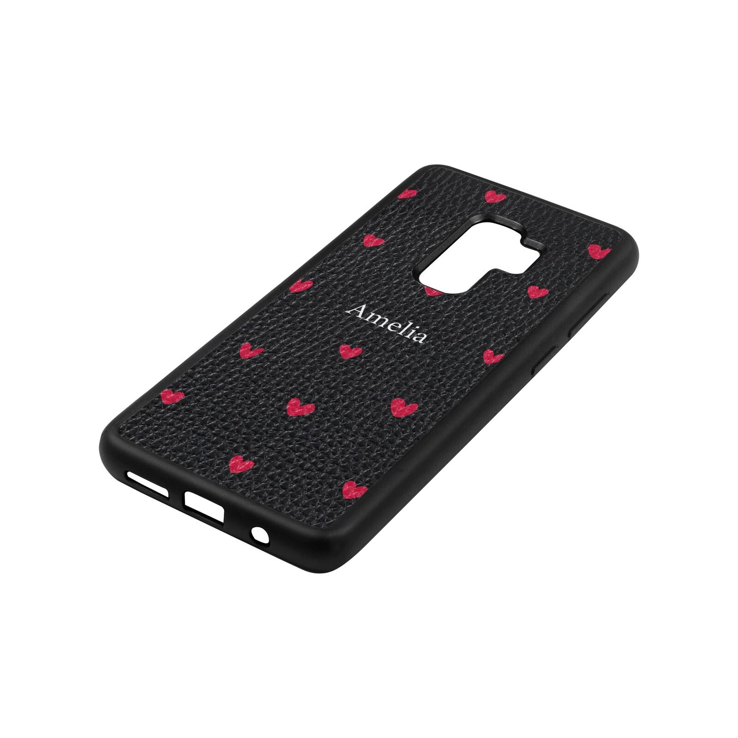 Custom Hearts Name Black Pebble Leather Samsung S9 Plus Case Side Angle