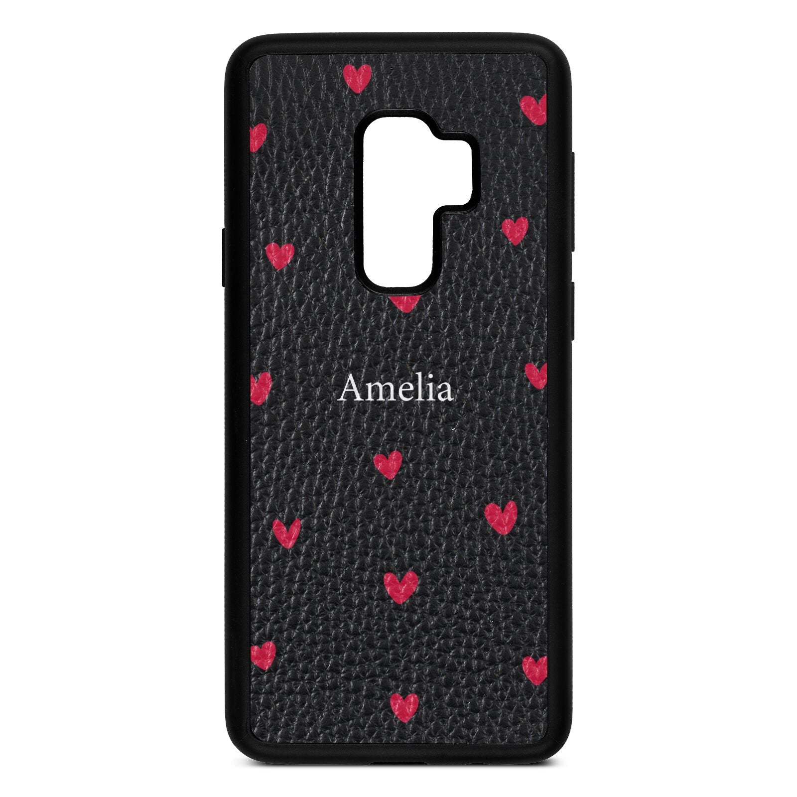 Custom Hearts Name Black Pebble Leather Samsung S9 Plus Case