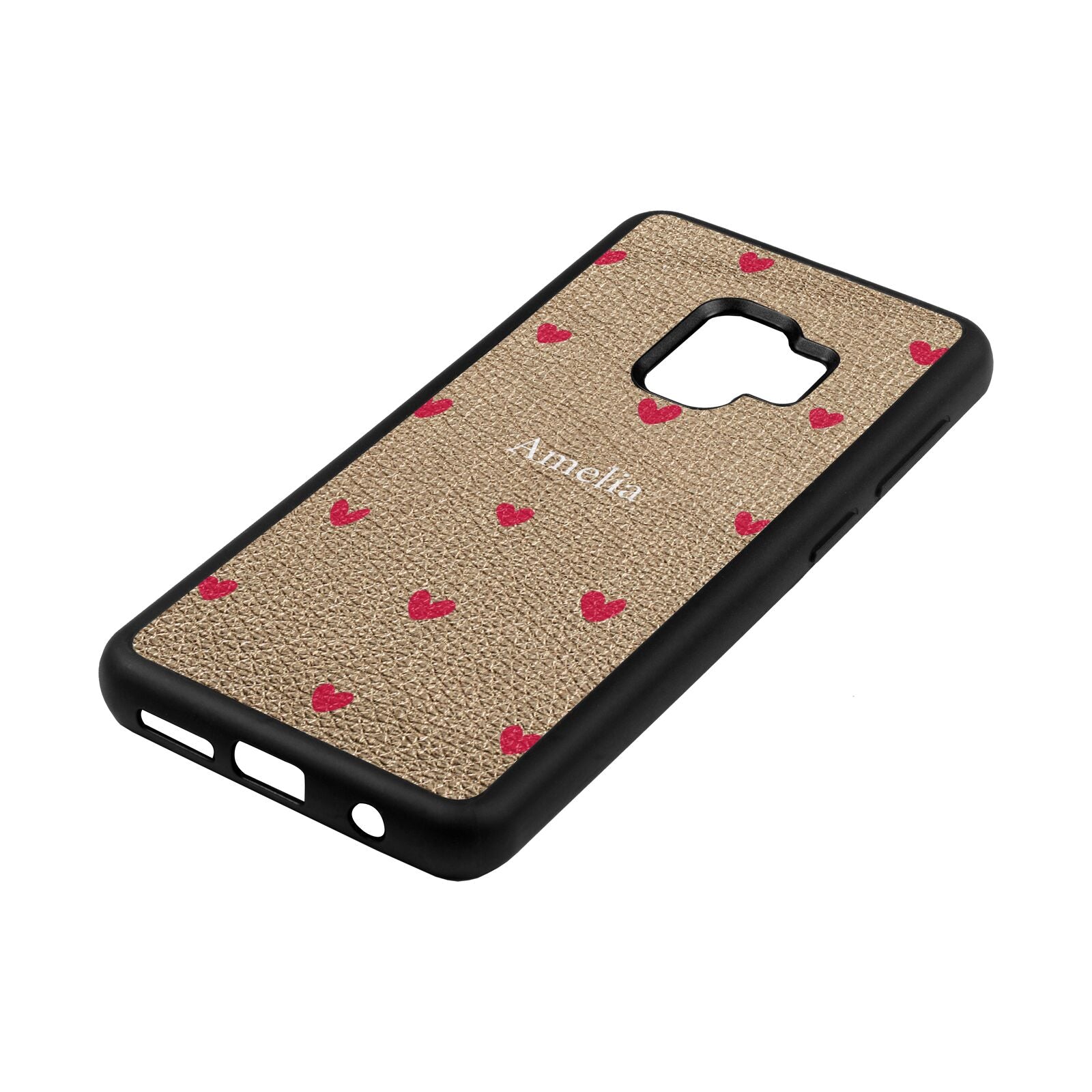 Custom Hearts Name Gold Pebble Leather Samsung S9 Case Side Angle