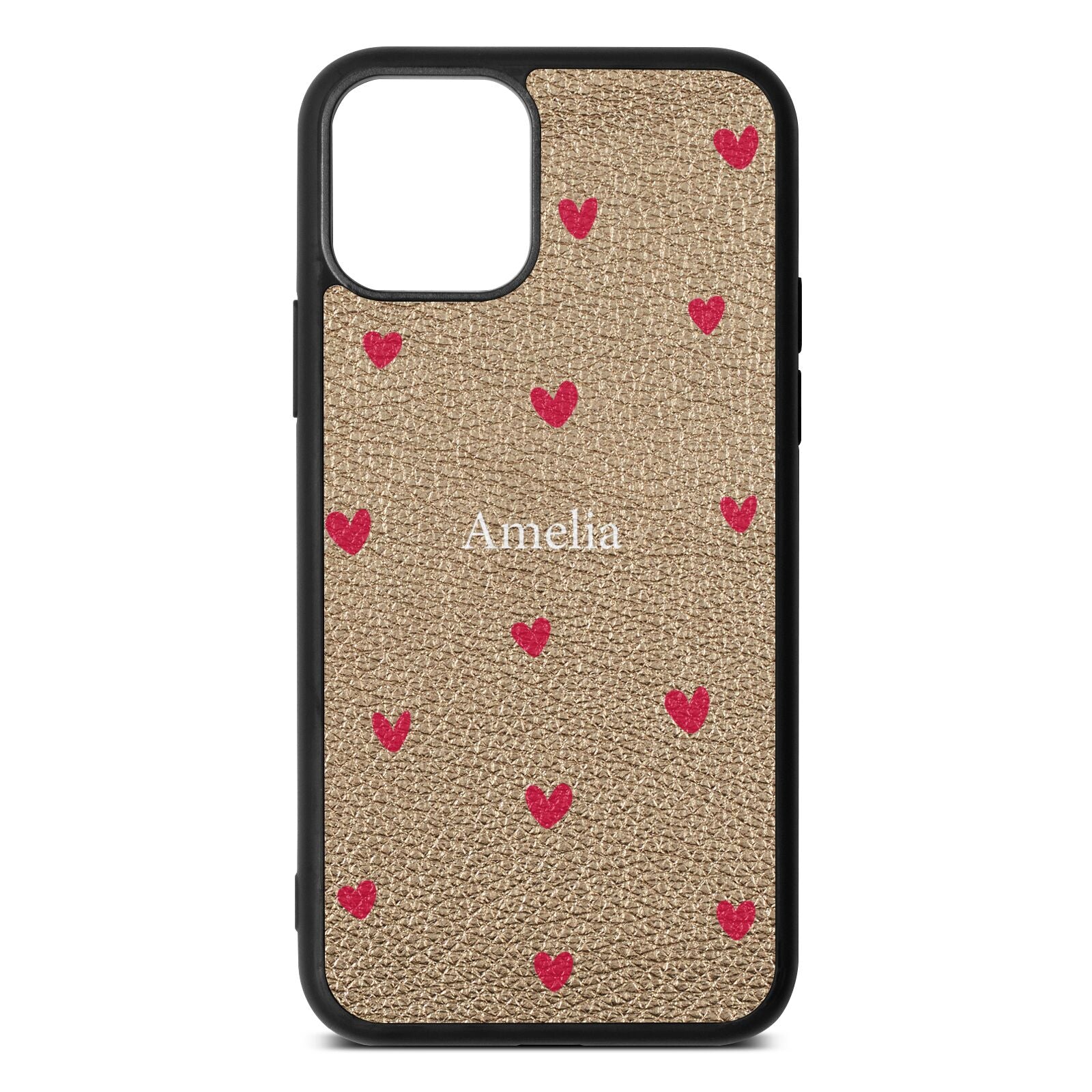 Custom Hearts Name Gold Pebble Leather iPhone 11 Case