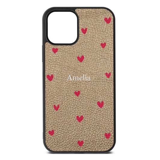 Custom Hearts Name Gold Pebble Leather iPhone 12 Case