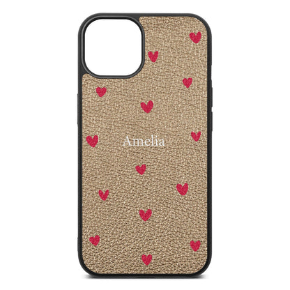 Custom Hearts Name Gold Pebble Leather iPhone 13 Case