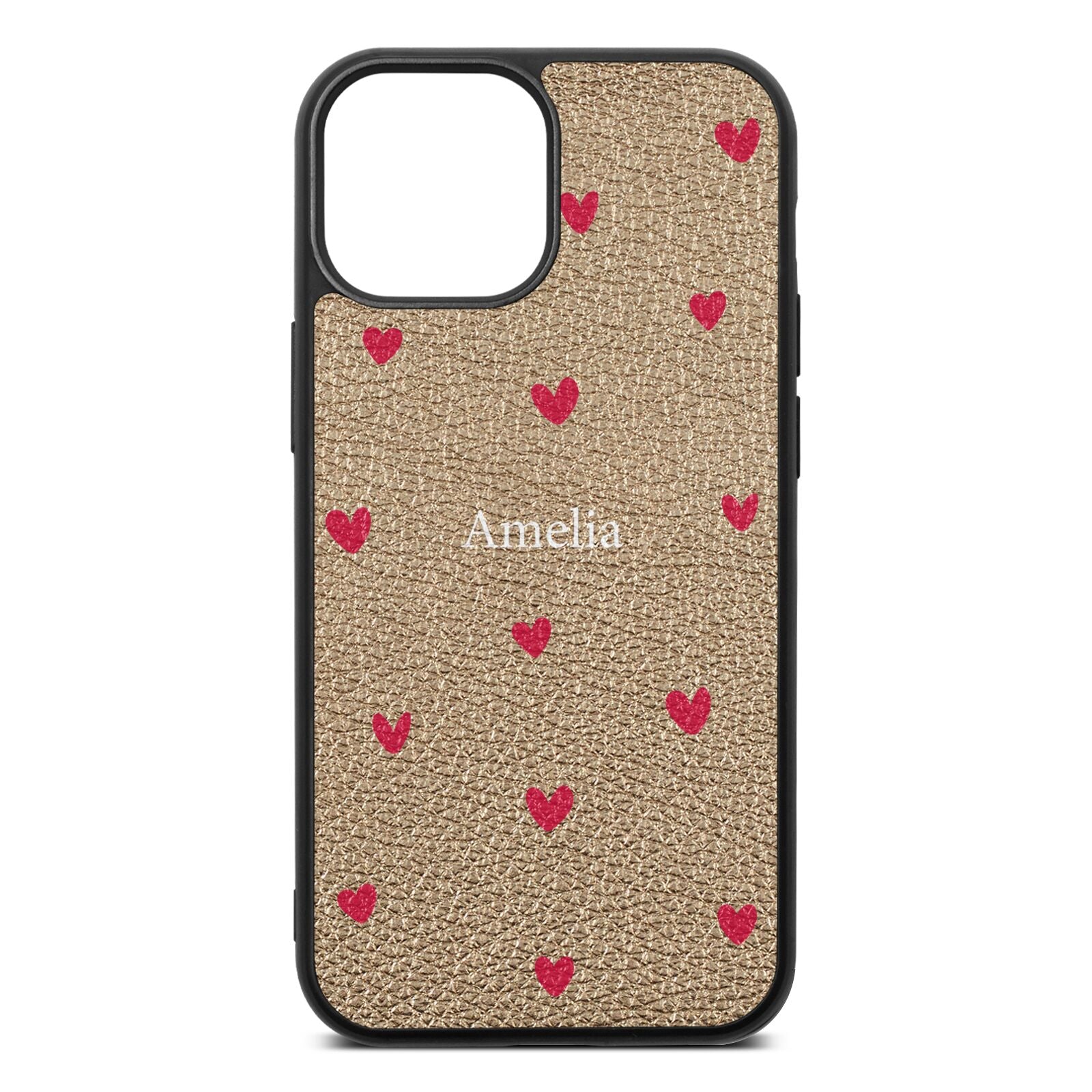 Custom Hearts Name Gold Pebble Leather iPhone 13 Mini Case