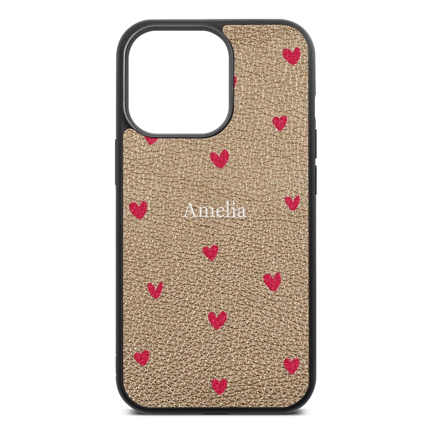 Custom Hearts Name Gold Pebble Leather iPhone 13 Pro Case