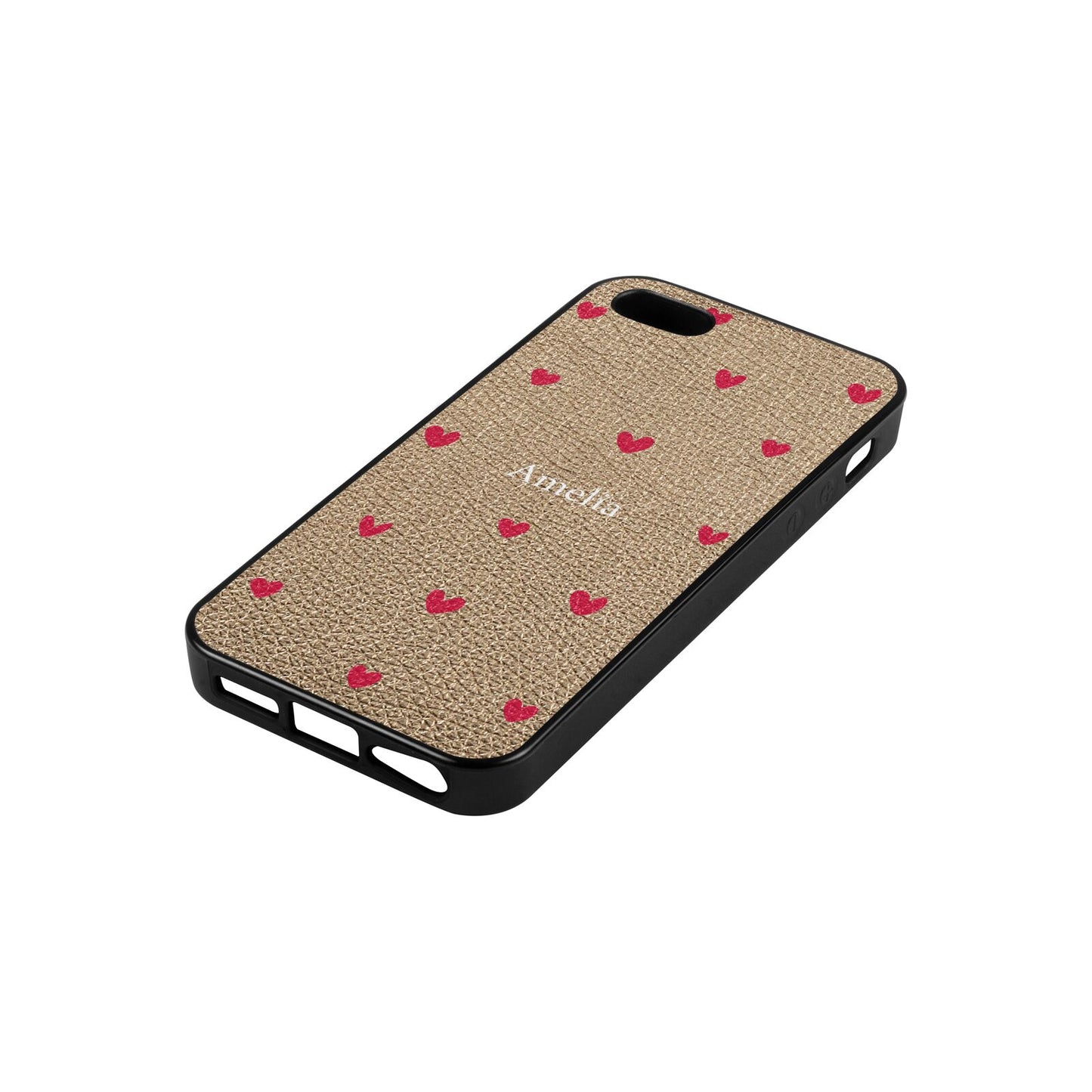 Custom Hearts Name Gold Pebble Leather iPhone 5 Case Side Angle