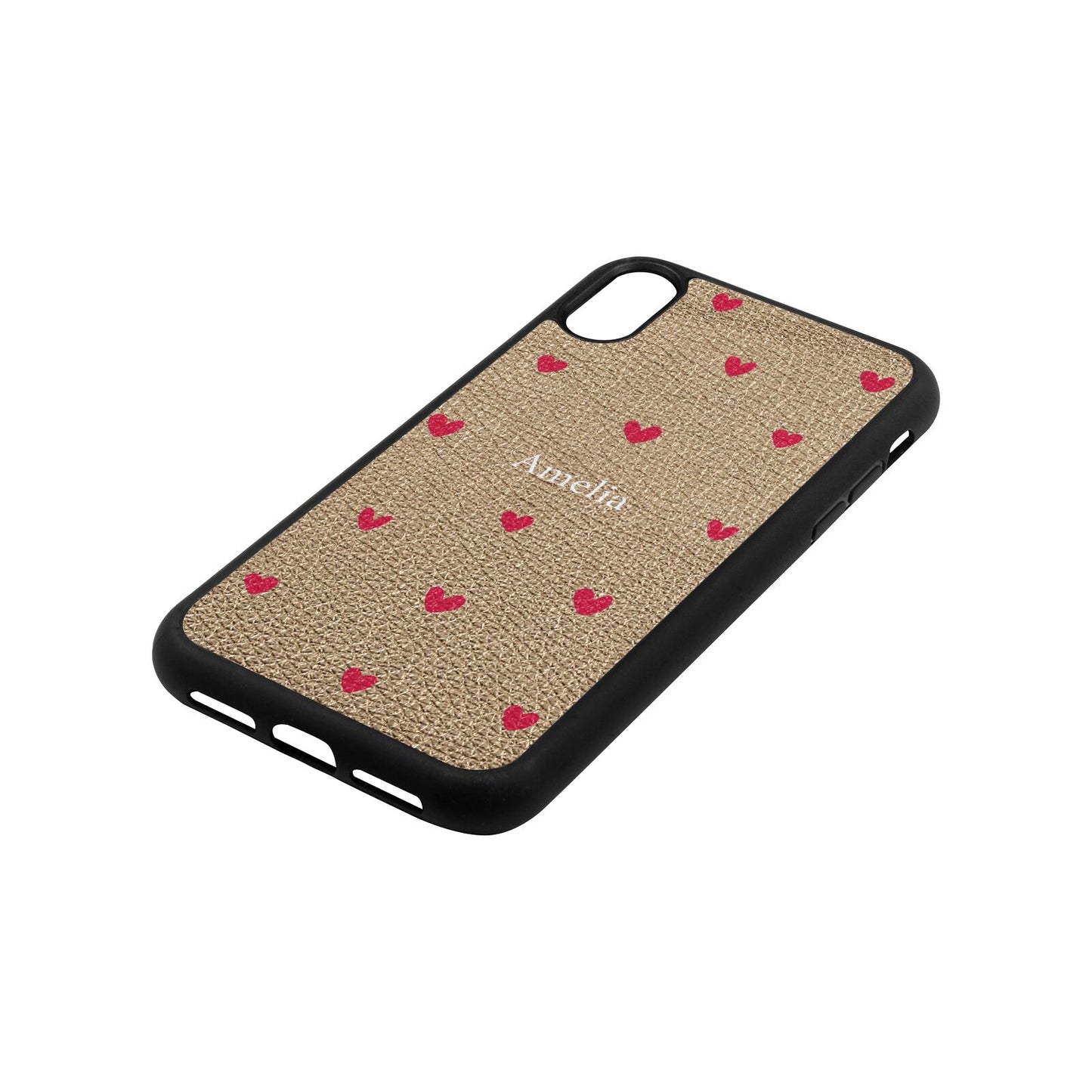 Custom Hearts Name Gold Pebble Leather iPhone Xr Case Side Angle