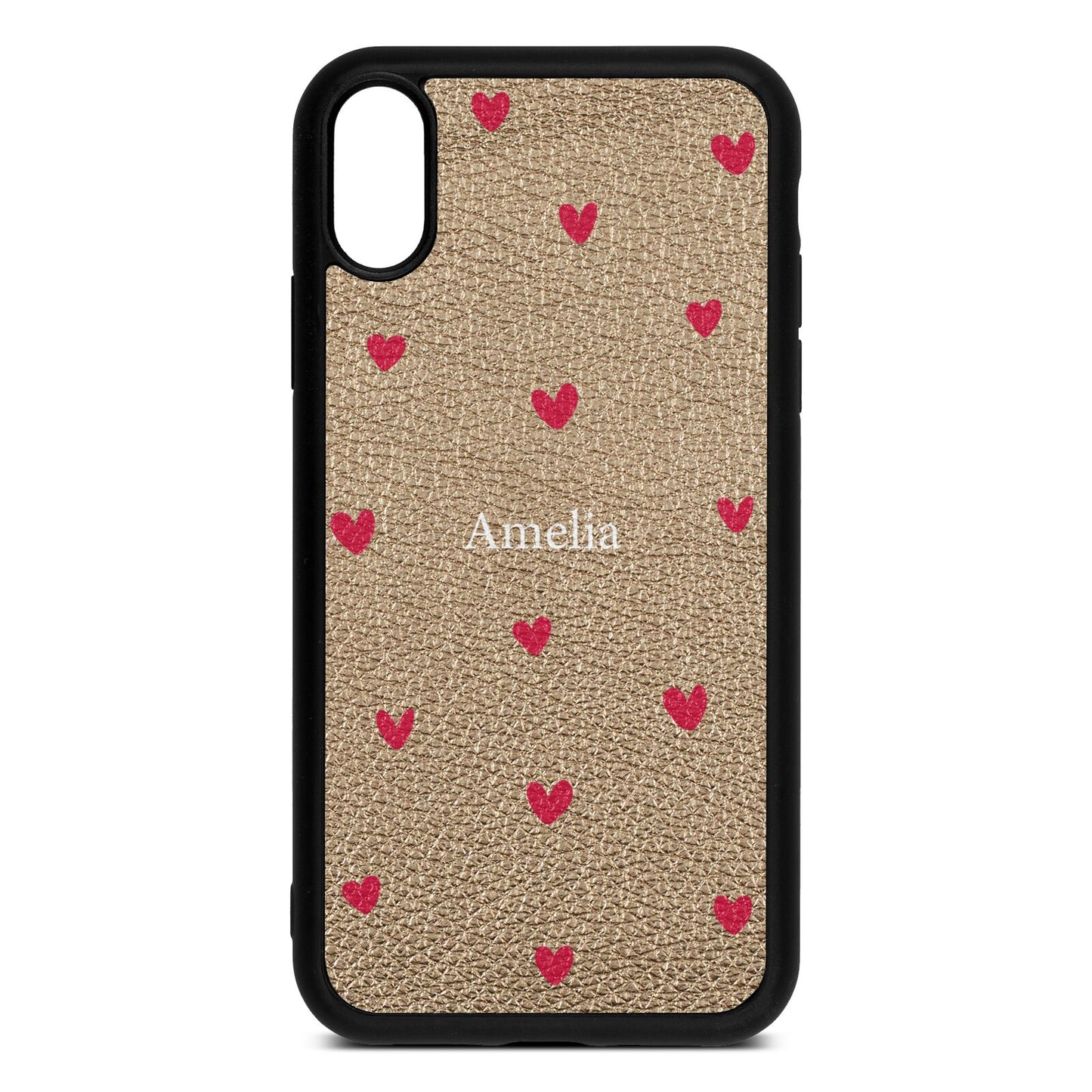 Custom Hearts Name Gold Pebble Leather iPhone Xr Case