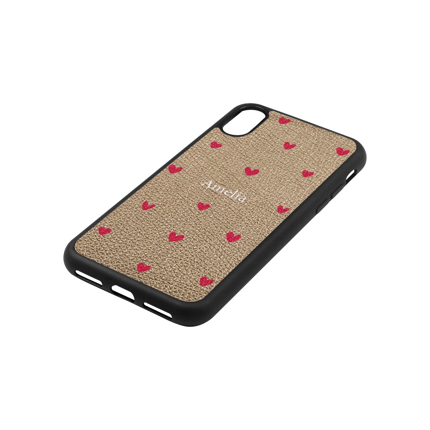 Custom Hearts Name Gold Pebble Leather iPhone Xs Case Side Angle