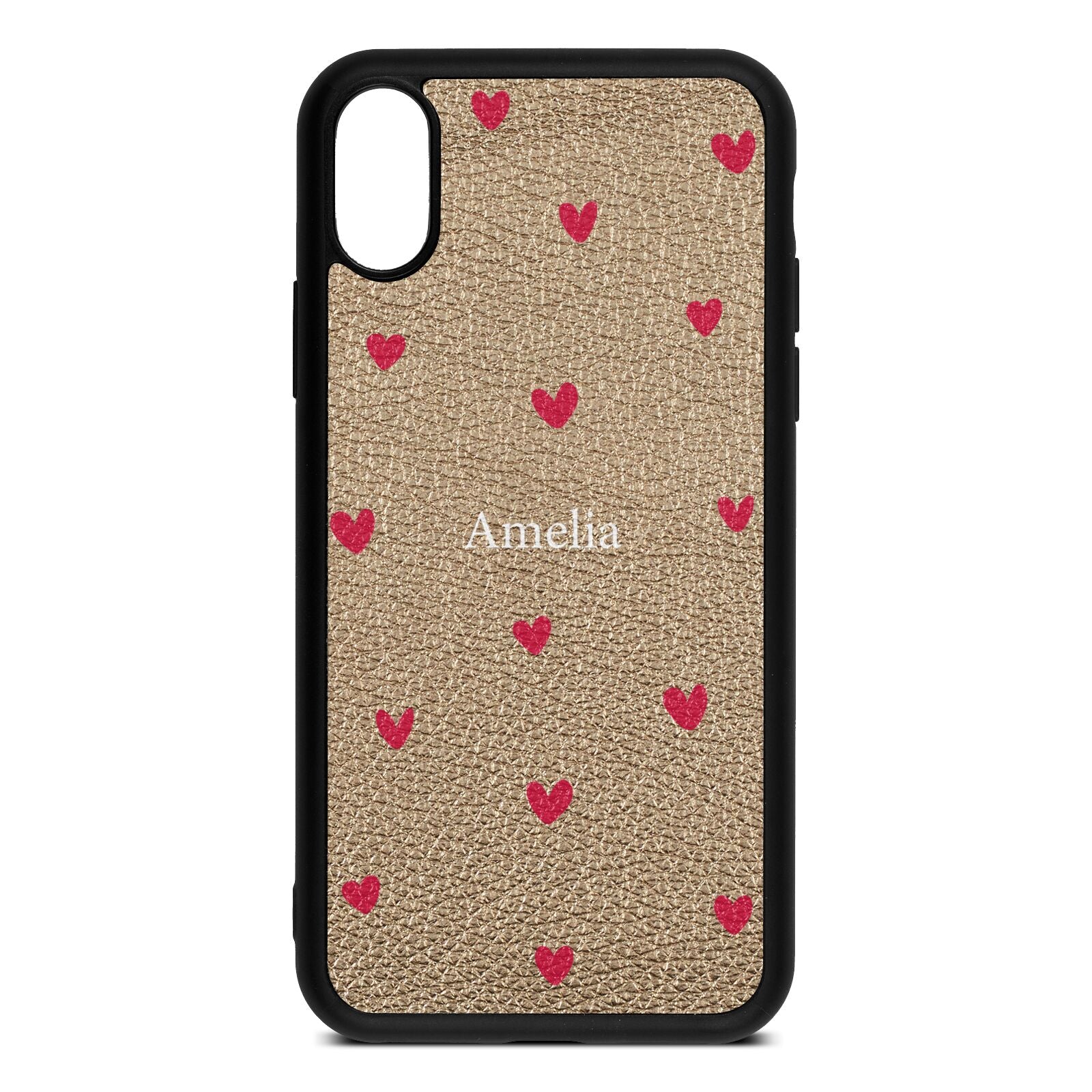 Custom Hearts Name Gold Pebble Leather iPhone Xs Case