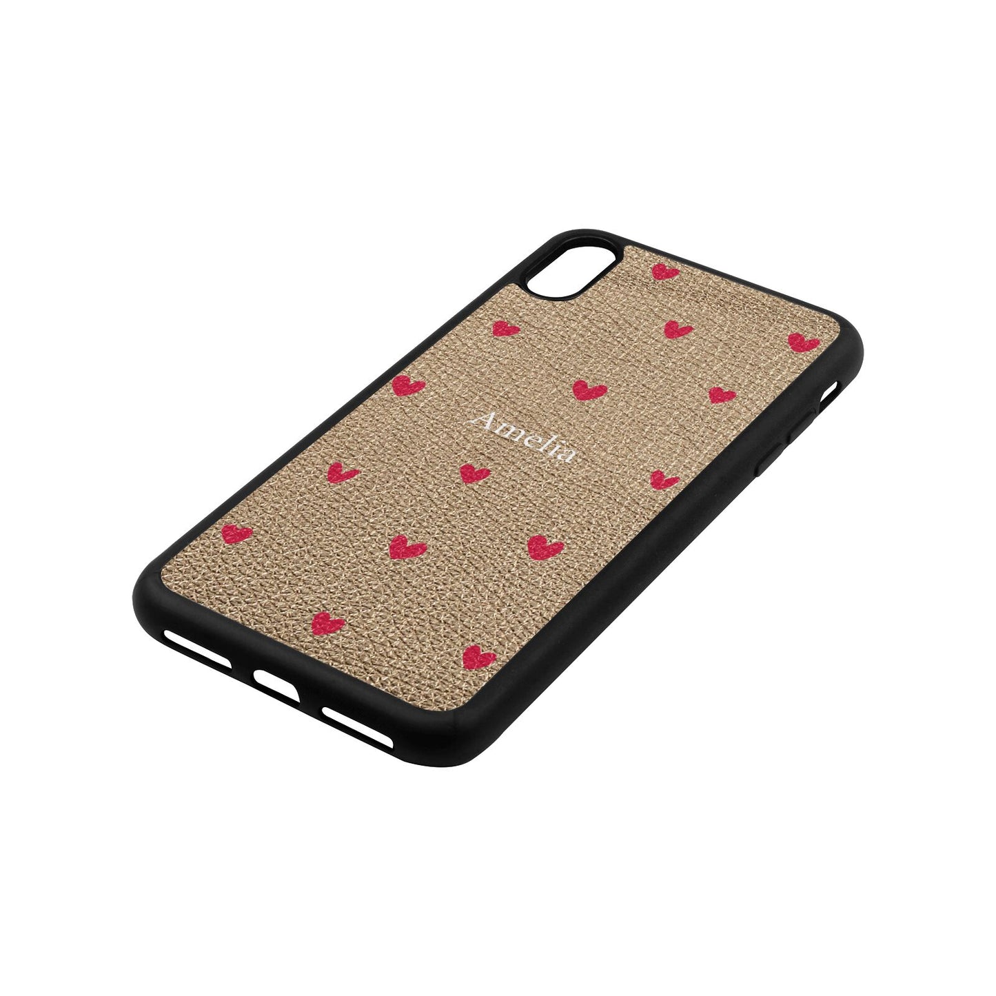 Custom Hearts Name Gold Pebble Leather iPhone Xs Max Case Side Angle