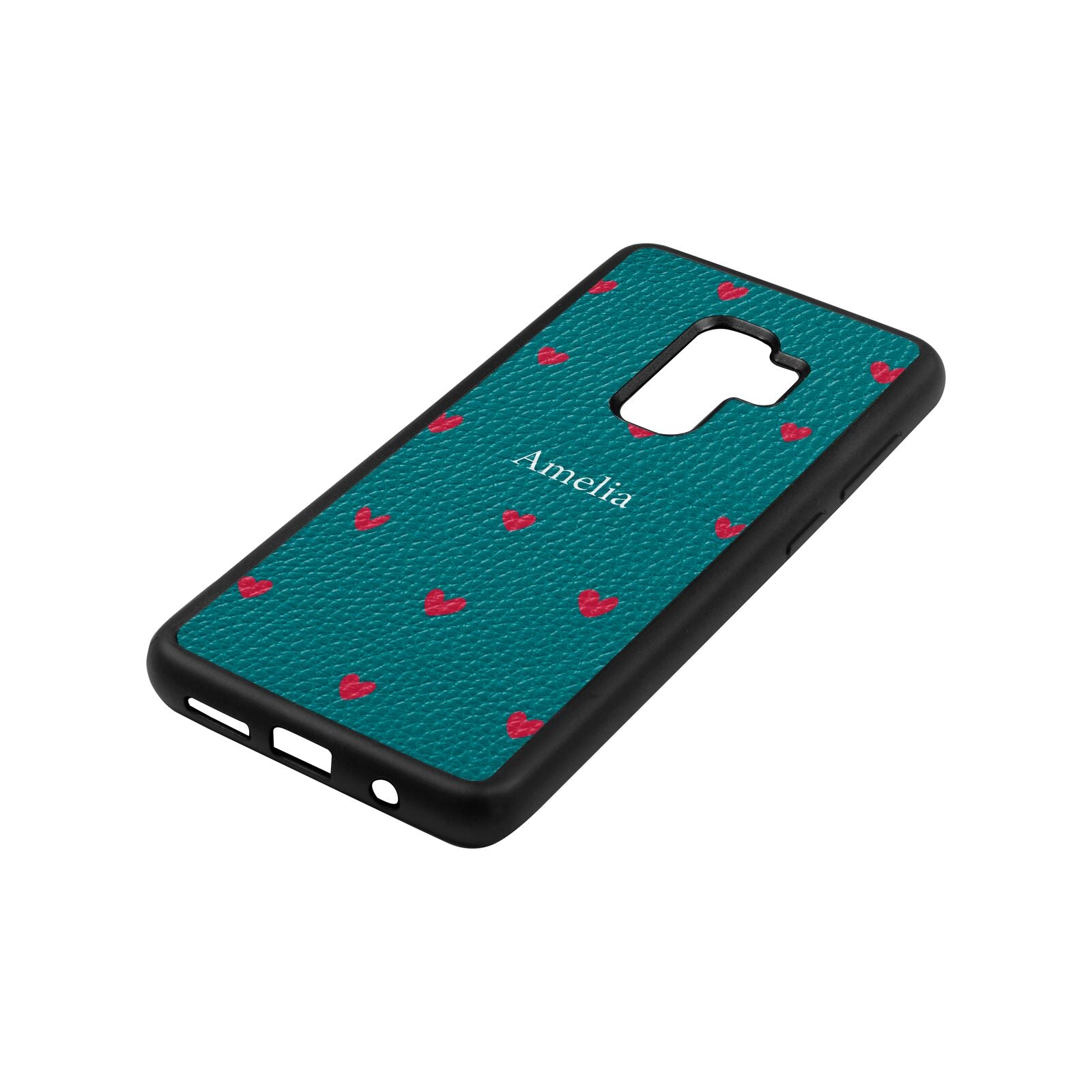 Custom Hearts Name Green Pebble Leather Samsung S9 Plus Case Side Angle