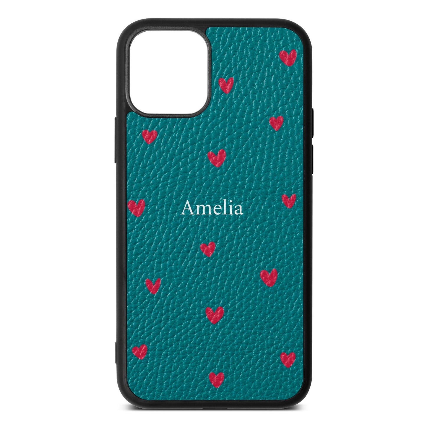 Custom Hearts Name Green Pebble Leather iPhone 11 Case