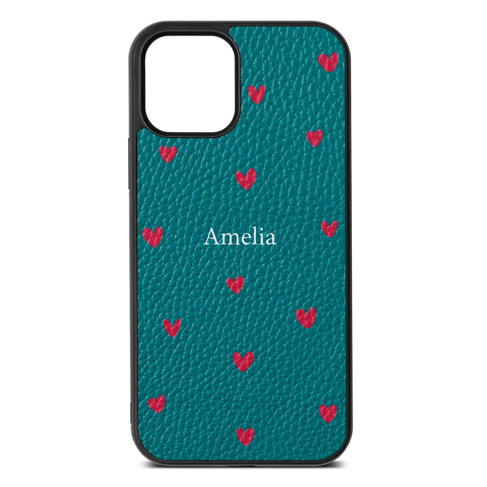 Custom Hearts Name Green Pebble Leather iPhone 12 Case