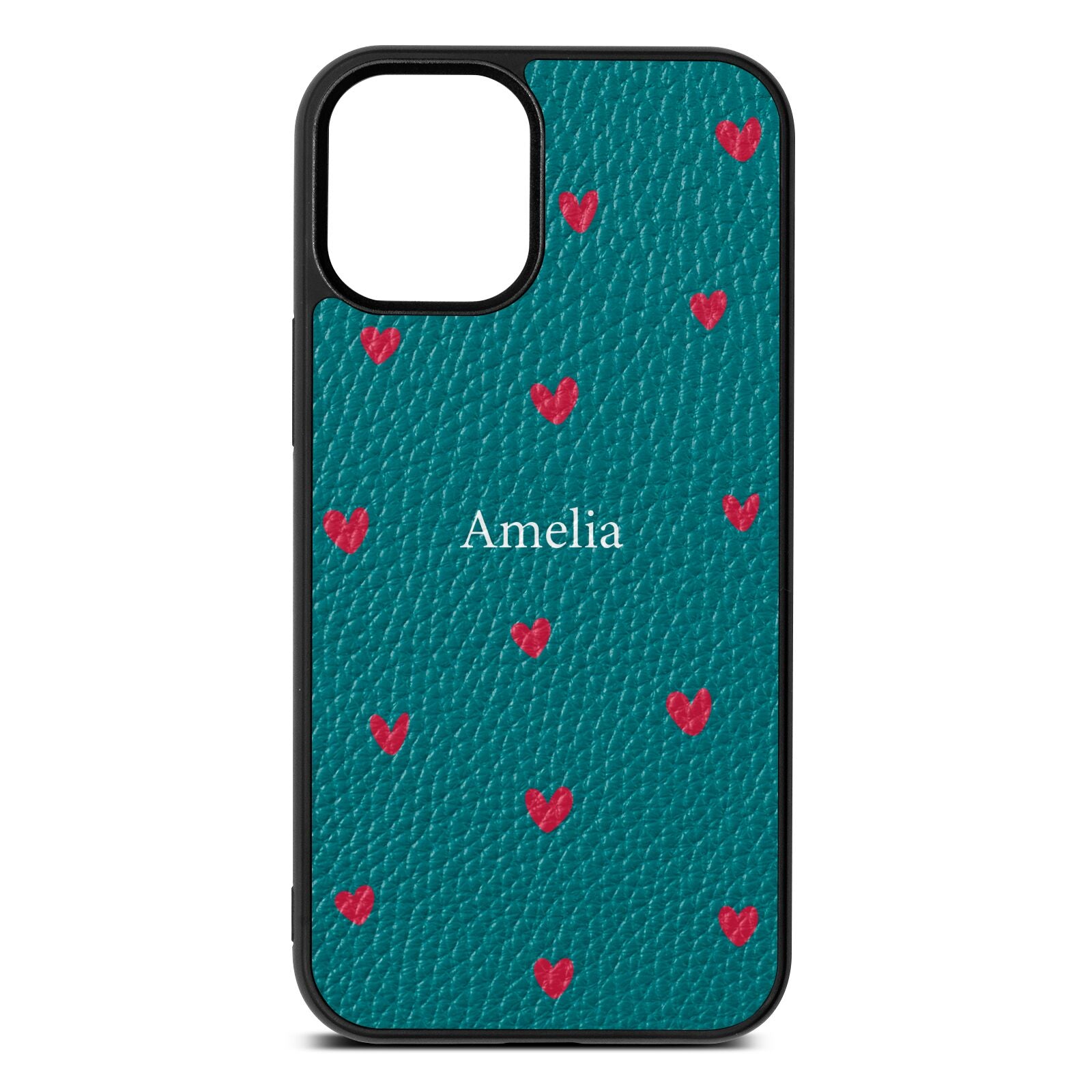 Custom Hearts Name Green Pebble Leather iPhone 12 Mini Case