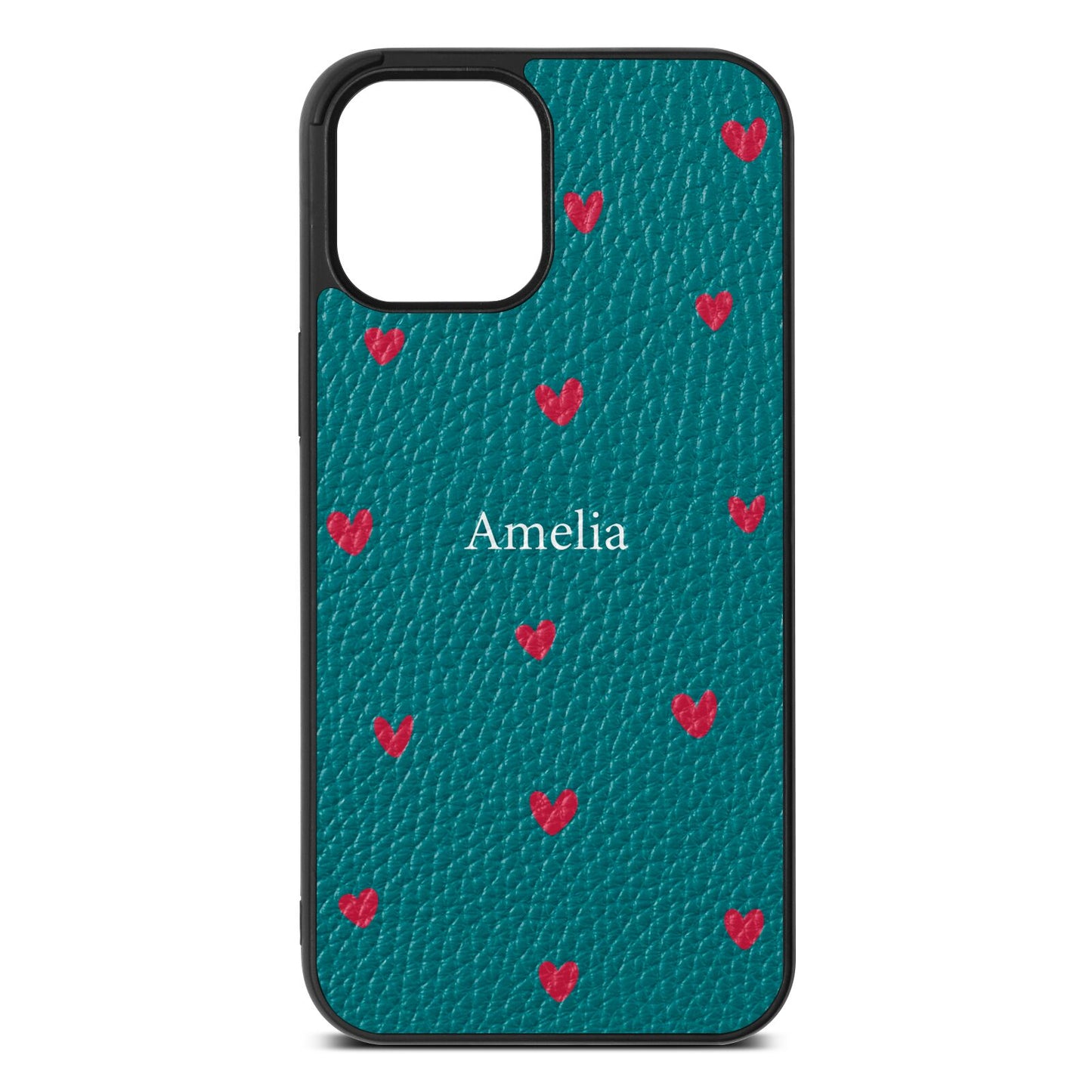 Custom Hearts Name Green Pebble Leather iPhone 12 Pro Max Case