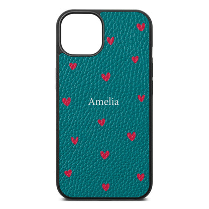 Custom Hearts Name Green Pebble Leather iPhone 13 Case