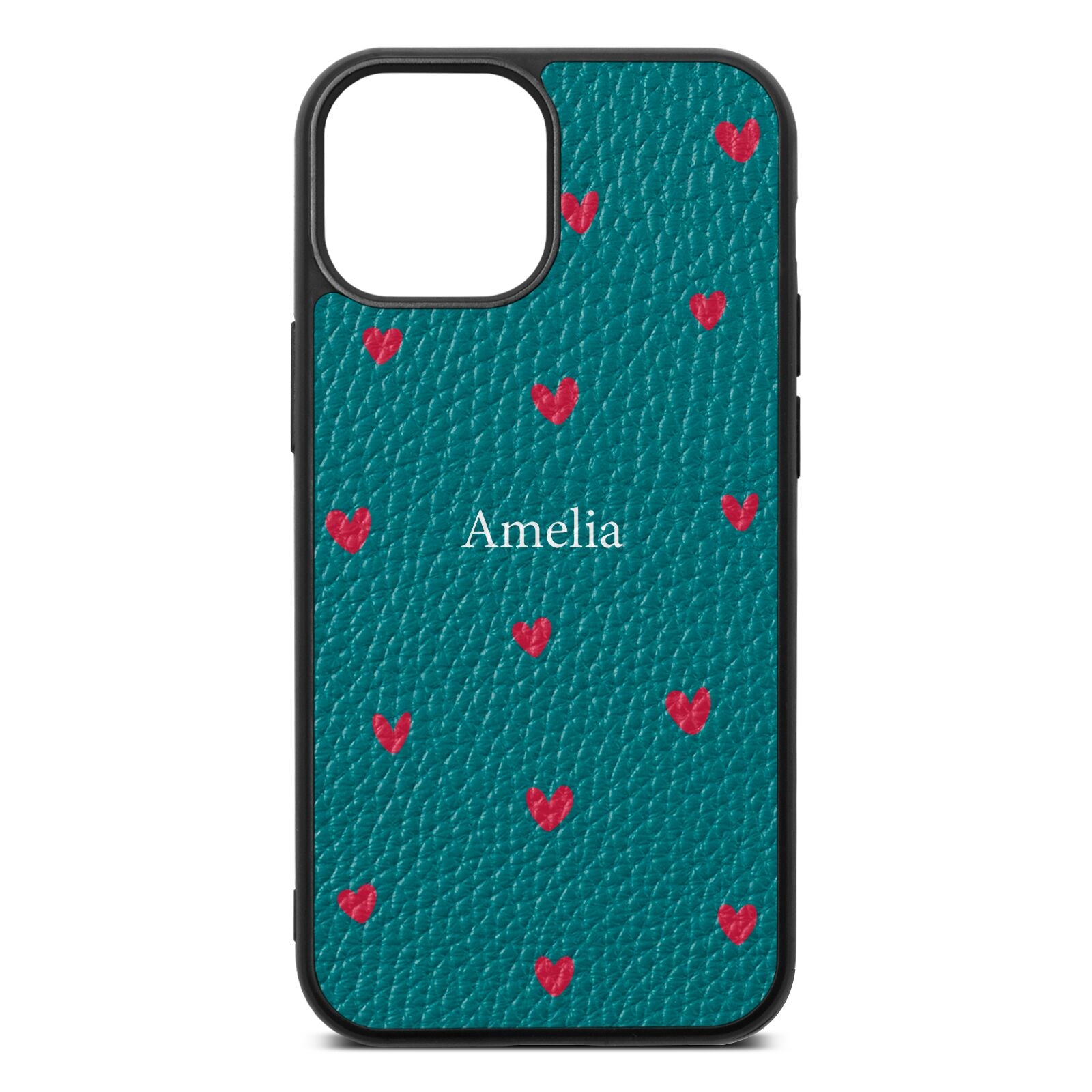 Custom Hearts Name Green Pebble Leather iPhone 13 Mini Case