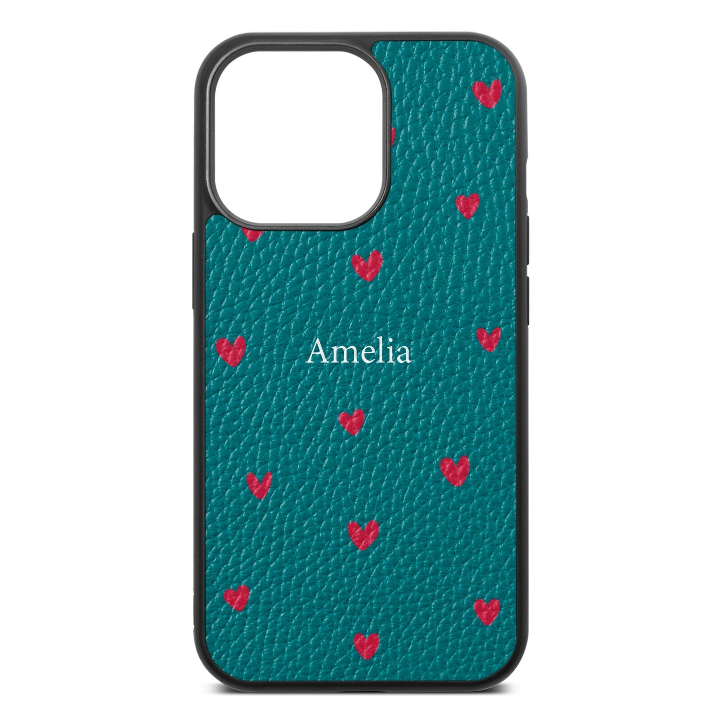 Custom Hearts Name Green Pebble Leather iPhone 13 Pro Case