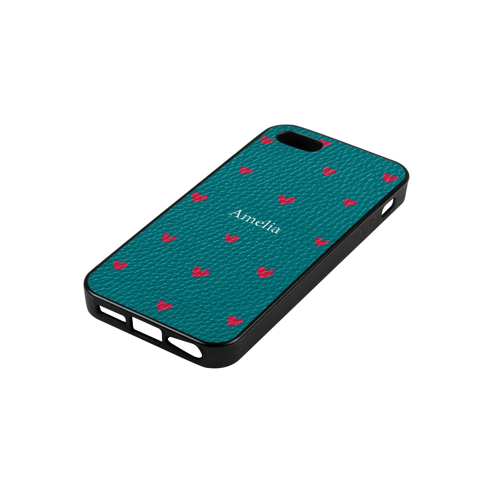 Custom Hearts Name Green Pebble Leather iPhone 5 Case Side Angle